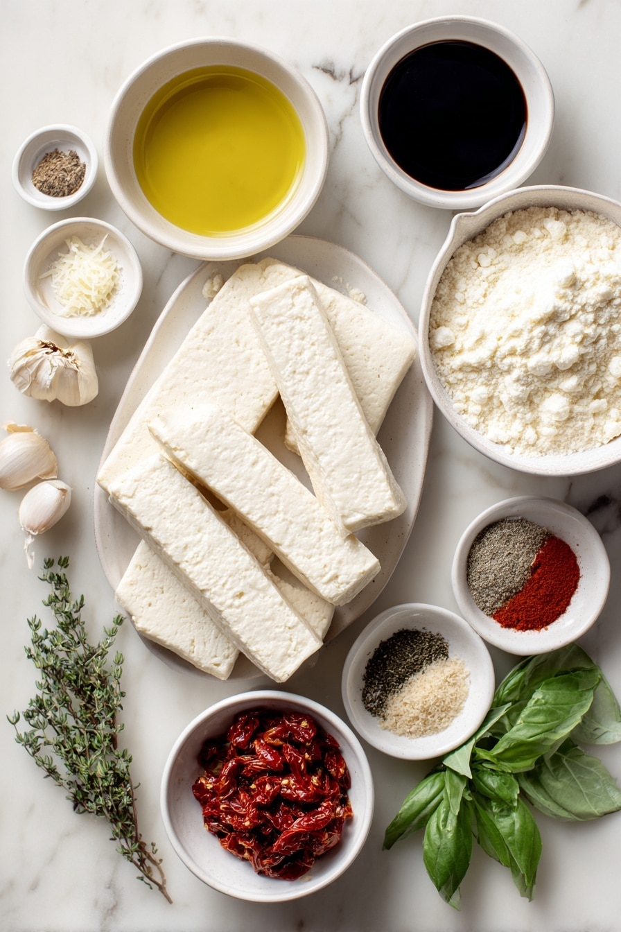 Flat lay of a block of fresh firm tofu cut into three long pieces with rounded edges, two small white ceramic bowls—one filled with golden olive oil and another with dark balsamic vinegar, a small white bowl of clear water, a small white bowl holding fine all-purpose flour, three whole garlic cloves with papery skins intact, a small white bowl of grated parmesan cheese, a small white bowl with bright red chopped sun-dried tomatoes, a few sprigs of fresh green herbs (basil and parsley), and small white bowls with paprika powder, garlic powder, onion powder, chili flakes, dried oregano, and dried thyme arranged symmetrically, all placed on a clean white marble surface, soft natural light, photo taken with an iPhone, professional food photography style, fresh ingredients, white ceramic bowls, no bottles, no duplicates, no utensils, no packaging --ar 2:3 --v 7 --p m7354615311229779997 - Marry Me Tofu in Creamy Sun-Dried Tomato Sauce, vegan tofu dinner ideas, plant-based creamy tomato sauce, vegetarian tofu recipes, quick easy tofu dishes