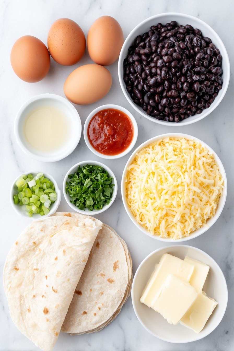 Flat lay of two whole brown eggs with clean shells, a small white ceramic bowl of reddish-orange hot sauce, a small white ceramic bowl of rinsed and drained black beans, a small white ceramic bowl with melted butter, a handful of chopped bright green onion, a small pile of finely chopped fresh cilantro leaves, a small white ceramic bowl of chopped green pickled jalapeños, one medium whole grain tortilla folded in half, a small white ceramic bowl heap of grated sharp cheddar cheese, and a small white ceramic bowl of chunky salsa, all arranged with perfect symmetry on a clean white marble surface, soft natural light, photo taken with an iPhone, professional food photography style, fresh ingredients, white ceramic bowls, no bottles, no duplicates, no utensils, no packaging --ar 2:3 --v 7 --p m7354615311229779997 - Easy Breakfast Quesadilla with Eggs and Beans, breakfast quesadilla recipe, quick morning breakfast, protein-packed breakfast ideas, cheesy breakfast quesadilla