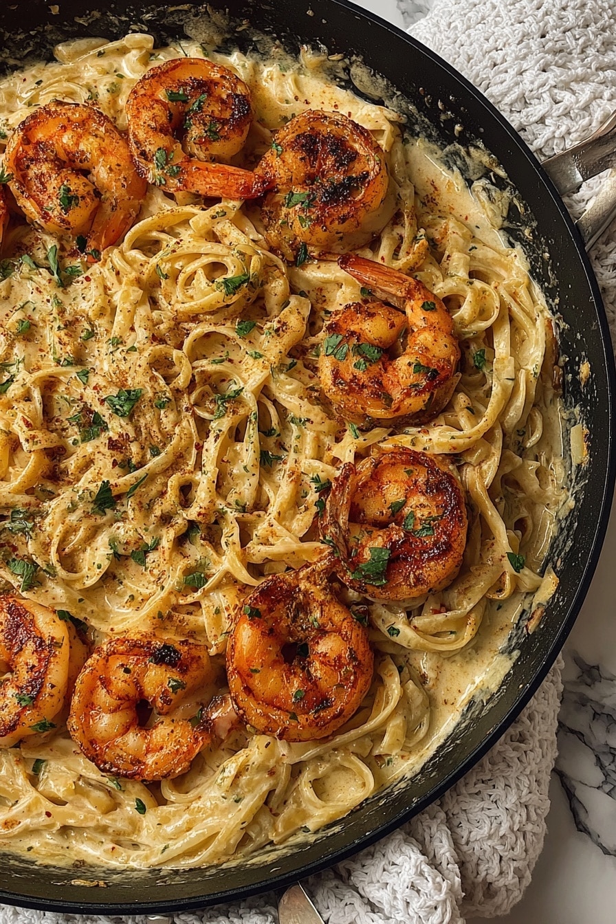A black pan filled with creamy pasta as the base layer, light beige with visible seasoning and herbs mixed in, topped with eight cooked shrimp arranged in a circular pattern. The shrimp are orange with charred spots and sprinkled with green herb pieces. The pasta strands are thick and tangled, coated in sauce, with small bits of herbs and spices. The pan is resting on a white marbled surface with a white textured cloth nearby. photo taken with an iphone --ar 2:3 --v 7 - Cajun Shrimp Pasta, Cajun Shrimp Pasta recipe, easy Cajun pasta, creamy shrimp pasta, spicy seafood pasta