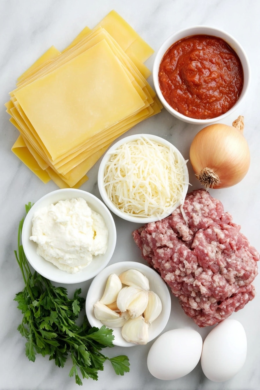 Flat lay of uncooked rectangular lasagna noodles neatly stacked, a small mound of shredded mozzarella cheese, a small pile of shredded Parmesan cheese, a fresh whole yellow onion with shiny skin, two whole cloves of garlic with papery skins, a small white ceramic bowl filled with vibrant red pasta sauce, a small white ceramic bowl holding thick, deep red tomato paste, fresh bright green parsley sprigs loosely arranged, a raw whole egg with a smooth clean shell, a small white ceramic bowl containing creamy white ricotta cheese, and fresh raw lean ground beef and Italian sausage side by side in small portions placed on a simple white ceramic dish, all ingredients fresh and natural, placed on a clean white marble surface, soft natural light, photo taken with an iPhone, professional food photography style, fresh ingredients, white ceramic bowls, no bottles, no duplicates, no utensils, no packaging --ar 2:3 --v 7 --p m7354615311229779997 - Homemade Lasagna with Meat and Cheese, delicious lasagna recipe, easy homemade lasagna, hearty Italian lasagna, baked pasta with meat and cheese