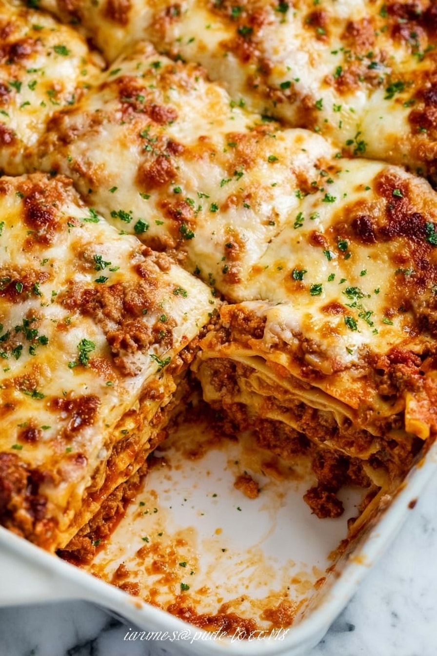 The image shows a white square dish with several layers of lasagna. The bottom layer is soft cooked pasta sheets, topped by a thick layer of brown meat sauce mixed with reddish tomato sauce that looks chunky and moist. Above this is another layer of pasta, followed by a thick spread of melted light yellow cheese with golden brown spots, sprinkled with small bits of green herbs. One piece of lasagna has been taken out, revealing the layers clearly on a white marbled surface. The cheese on top looks bubbly and slightly browned with a bit of gooey stretched texture. photo taken with an iphone --ar 2:3 --v 7 - Homemade Lasagna with Meat and Cheese, delicious lasagna recipe, easy homemade lasagna, hearty Italian lasagna, baked pasta with meat and cheese