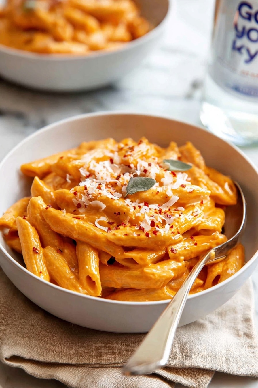 A white bowl filled with a single layer of penne pasta coated in a creamy orange sauce, with a small pile of shredded white cheese sprinkled in the center and a few red pepper flakes scattered on top; a silver spoon is partially stirring the pasta on the left side of the bowl, all set on a white marbled surface with a blurred drink bottle in the background, photo taken with an iphone --ar 2:3 --v 7 - Creamy Vodka Penne Pasta, creamy vodka pasta recipe, penne pasta with vodka sauce, easy vodka pasta dish, comforting pasta recipes