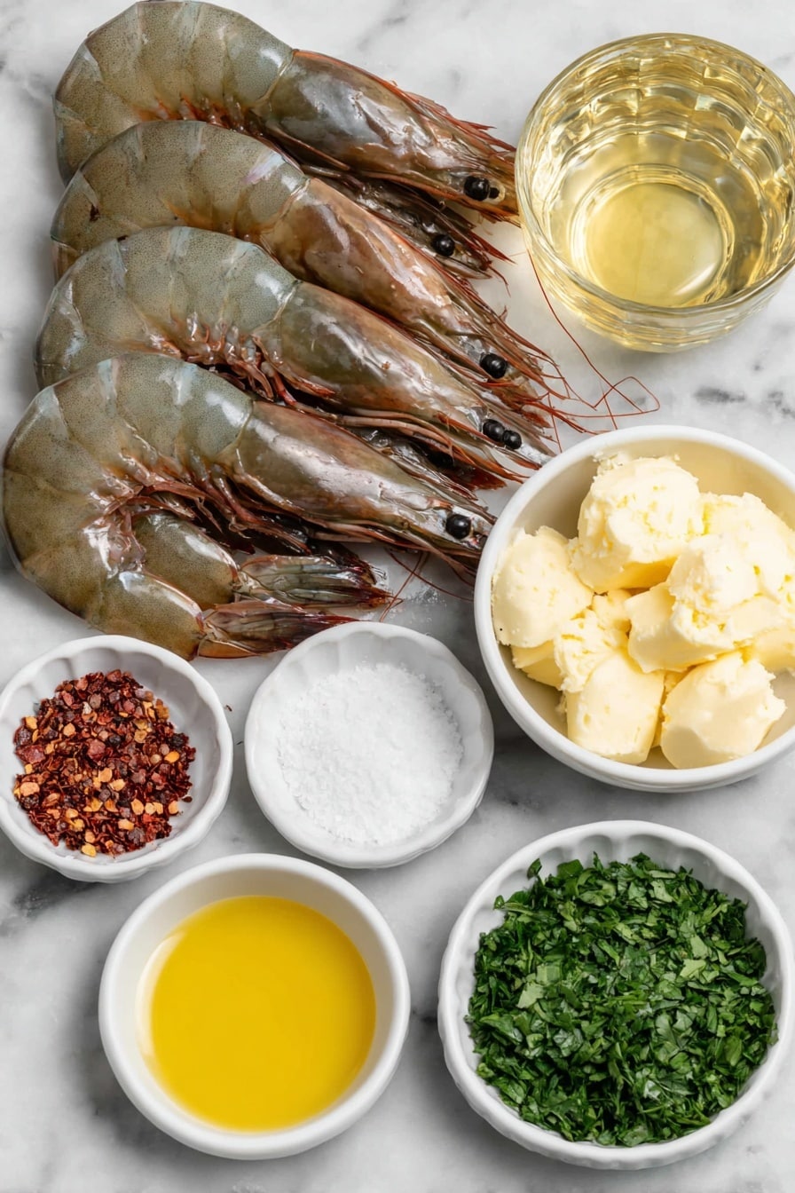 Flat lay of large raw shrimp with shells and tails, a few whole garlic cloves, two tablespoons of golden olive oil in a small white bowl, four tablespoons of creamy butter in a small white bowl, a small white bowl holding bright red crushed red pepper flakes, a small white bowl with translucent pale yellow lemon juice, a small white bowl with clear dry white wine, a small white bowl with coarse sea salt, a small white bowl with freshly cracked black pepper, a small white bowl filled with vibrant chopped fresh parsley, all arranged in perfect symmetry on a clean white marble surface, soft natural light, photo taken with an iPhone, professional food photography style, fresh ingredients, white ceramic bowls, no bottles, no duplicates, no utensils, no packaging --ar 2:3 --v 7 --p m7354615311229779997 - Garlic Butter Shrimp Scampi, shrimp scampi pasta, easy seafood recipes, quick shrimp recipes, elegant shrimp dinners