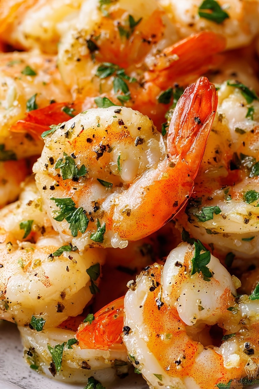 The image shows many cooked shrimp with curled bodies, their shells partly removed to reveal white and pink flesh with a soft texture. The shrimp have bright orange tails and are seasoned with small bits of black pepper and fresh green parsley scattered evenly on top. The shrimp look slightly shiny, as if coated with a light sauce or oil. The background is a close-up view, showing the shrimp piled on a white marbled surface. photo taken with an iphone --ar 2:3 --v 7 - Garlic Butter Shrimp Scampi, shrimp scampi pasta, easy seafood recipes, quick shrimp recipes, elegant shrimp dinners