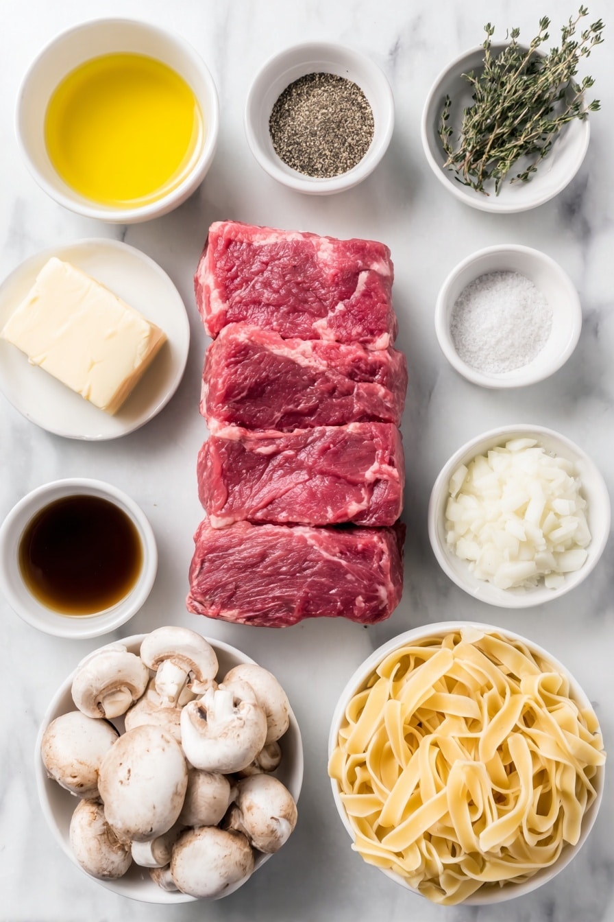 Flat lay of a thick sirloin steak cut into strips, a small pile of all-purpose flour, a few sprigs of dried thyme leaves, a small white bowl of seasoned salt, a small white bowl of black pepper, a small white bowl of olive oil, a small white bowl of salted butter, a small diced onion, a handful of white and cremini mushrooms sliced, a single clove of garlic, a small white bowl of rich beef broth, a small white bowl of Worcestershire sauce, a small white bowl of Dijon mustard, a small white bowl of creamy sour cream, a nest of uncooked egg noodles, all arranged in perfect symmetry on simple white ceramic bowls and plates, placed on a clean white marble surface, soft natural light, photo taken with an iPhone, professional food photography style, fresh ingredients, white ceramic bowls, no bottles, no duplicates, no utensils, no packaging --ar 2:3 --v 7 --p m7354615311229779997 - Beef Stroganoff, Easy Beef Stroganoff, Creamy Beef Stroganoff, Quick Beef Stroganoff, Comfort Food Beef Stroganoff
