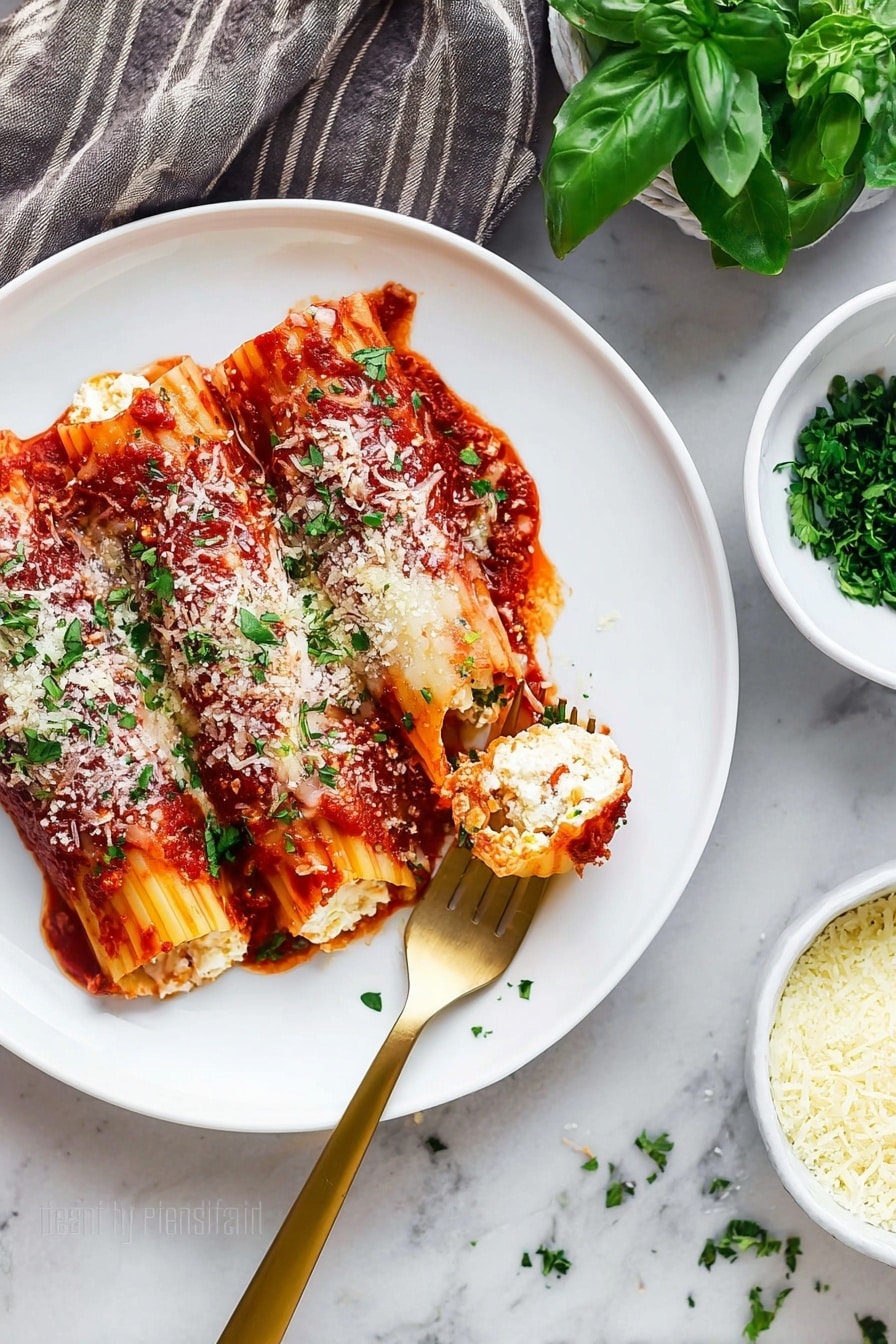 Three rolled pasta tubes filled with white ricotta cheese and topped with red tomato sauce and melted white cheese, sprinkled with green chopped parsley, sit on a white plate. A gold fork holds one pasta tube showing the filled inside. The plate rests on a white marbled surface with a white bowl of grated cheese, fresh green basil leaves, and a white bowl of chopped green parsley nearby. A gold spoon lies beside the plate. photo taken with an iphone --ar 2:3 --v 7 - Cheese Manicotti Marinara Sauce, Italian Cheese Manicotti, Easy Baked Manicotti, Vegetarian Italian Pasta, Classic Italian Manicotti