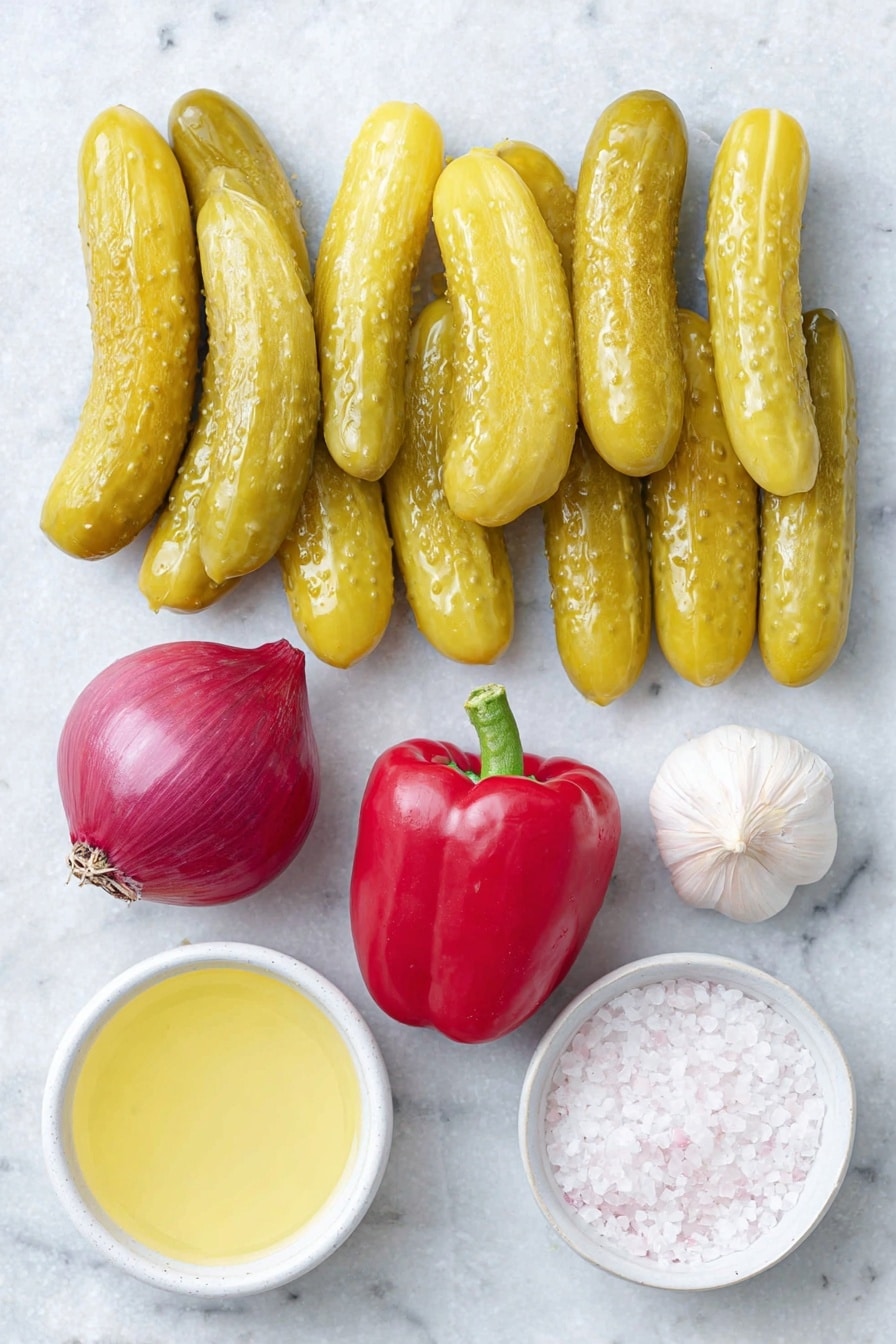 Flat lay of ten whole baby dill pickles with fresh green stems, half a sweet yellow onion with smooth bright yellow skin, one whole shiny red bell pepper, one whole vibrant green serrano pepper, a small white ceramic bowl of clear pickle brine, one uncracked garlic clove with papery white skin, and a small white ceramic bowl of coarse kosher salt, all arranged in perfect symmetry on a clean white marble surface, soft natural light, photo taken with an iPhone, professional food photography style, fresh ingredients, white ceramic bowls, no bottles, no duplicates, no utensils, no packaging --ar 2:3 --v 7 --p m7354615311229779997 - Pickle de Gallo, spicy pickle salsa, tangy salsa recipe, quick homemade salsa, versatile pickle salsa