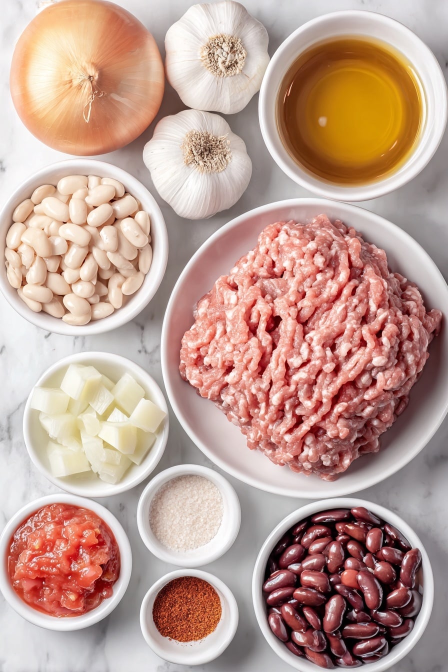 Flat lay of a small puddle of golden olive oil glistening on a simple white ceramic dish, a mound of fresh ground lean beef with a deep red color, a heap of chopped bright yellow onion pieces, a small pile of diced vibrant orange carrots, a cluster of diced light green celery stalks, three whole garlic cloves with papery white skins, a small white bowl filled with smooth red tomato sauce, a small white bowl containing rich golden chicken broth, a small white bowl of clear water, a small white bowl heaped with diced fresh red tomatoes, a tiny heap of granulated white sugar crystals, a neat stack of dried greenish basil leaves, a small amount of dried oregano flakes, a small pile of dried thyme, a pinch of dried marjoram leaves, a few grains of coarse sea salt and freshly cracked black peppercorns side by side, a small mound of dry ditalini pasta shaped like tiny short tubes, a small white bowl filled with shiny dark red kidney beans, another small white bowl with smooth white great northern beans, a neat pile of finely shredded Romano cheese, and a sprig of fresh vibrant green parsley leaves, all arranged with perfect symmetry and realistic proportions on a clean white marble surface, soft natural light, photo taken with an iPhone, professional food photography style, fresh ingredients, white ceramic bowls, no bottles, no duplicates, no utensils, no packaging --ar 2:3 --v 7 --p m7354615311229779997 - Creamy Pasta e Fagioli Soup, Pasta e Fagioli soup, hearty vegetable and bean soup, creamy Italian soup, easy Pasta e Fagioli recipe