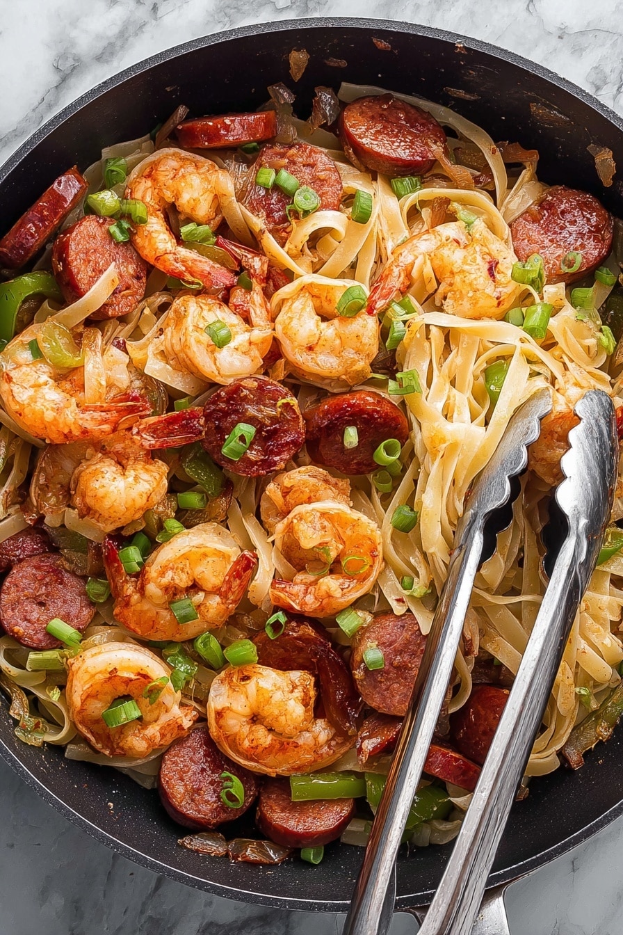 A close-up of a black plate filled with thick, creamy light yellow noodles forming the main layer. On top, there are two bright orange cooked shrimp with curled tails, slightly shiny and seasoned. Scattered among the noodles are green onion pieces with fresh, glossy leaves, and slices of reddish-brown sausage with a slightly shiny surface. A silver fork rests on the right side of the plate. The plate sits on a white marbled texture surface. Photo taken with an iphone --ar 2:3 --v 7 - Cajun Shrimp and Sausage Pasta, Cajun pasta recipe, spicy shrimp pasta, easy Cajun pasta dish, Southern shrimp pasta
