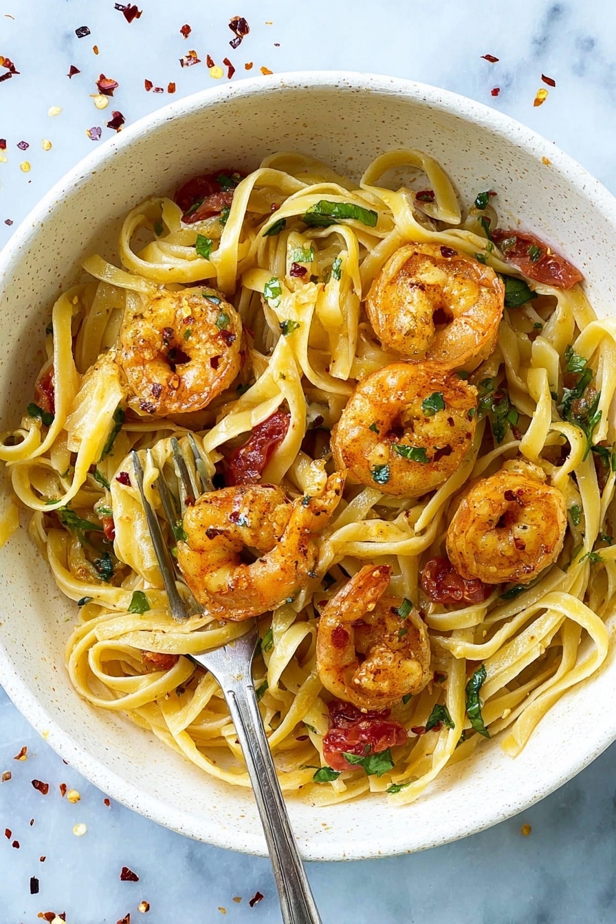 A black frying pan filled with a dish consisting of flat, pale yellow pasta noodles tossed with cooked shrimp that are orange with a slightly charred texture. The pasta is mixed with chunky red tomato sauce and garnished with small green herb pieces scattered throughout. A wooden spoon lifts a mix of the noodles, shrimp, and sauce from one side of the pan. The pan handle is wrapped with a green cloth and the scene is set on a white marbled surface with some scattered red pepper flakes. photo taken with an iphone --ar 2:3 --v 7 - Spicy Shrimp Fra Diavolo, spicy shrimp pasta, Italian seafood recipe, quick shrimp dinner, fiery tomato shrimp