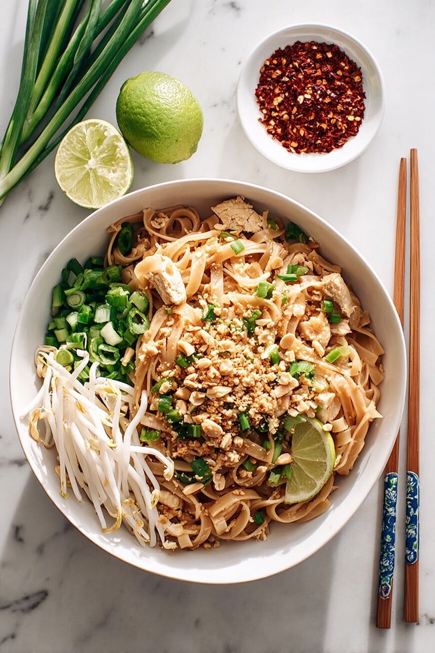 A white bowl sits on a white marbled surface filled with layers of food. The bottom layer is light brown flat noodles mixed with light brown pieces of chicken and bright green chopped scallions. On top, there are crunchy crushed peanuts sprinkled over the noodles. To one side, fresh white bean sprouts and a halved bright green lime rest. A pair of wooden chopsticks with blue decorations lie on the right side of the bowl. Near the bowl is a small white dish filled with red chili flakes. Photo taken with an iphone --ar 2:3 --v 7 - Chicken Pad Thai, Thai Chicken Stir Fry, Homemade Pad Thai, Authentic Thai Chicken Noodles, Easy Thai Pad Thai