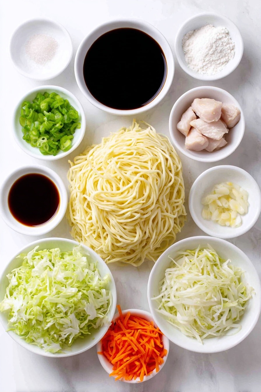 Flat lay of fresh lo mein egg noodles coiled loosely, raw boneless skinless chicken thighs cut into thin strips, a small mound of cornstarch powder in a white ceramic bowl, a small white bowl of water, a small white bowl with clear cooking oil, a small white bowl of dark oyster sauce, a small white bowl of hot water, a few loose grains of salt and sugar beside a small white bowl of light soy sauce, a small white bowl of dark soy sauce, a small white bowl holding sesame oil, a white bowl with finely ground white pepper, one peeled garlic clove, finely minced garlic pile, shredded fresh cabbage heap, two medium carrots julienned, a small white bowl with Shaoxing wine, a pile of fresh mung bean sprouts, two scallions julienned with bright green and white parts visible, all arranged symmetrically on a clean white marble surface, soft natural light, photo taken with an iPhone, professional food photography style, fresh ingredients, white ceramic bowls, no bottles, no duplicates, no utensils, no packaging --ar 2:3 --v 7 --p m7354615311229779997 - Restaurant-Style Chicken Lo Mein, Chicken Lo Mein recipe, Chinese chicken noodles, homemade lo mein, easy Chinese stir-fry