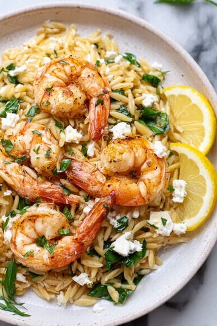 A white plate shows a dish with three large cooked shrimp arranged on top of a bed of orzo pasta. The orzo is light golden, mixed with fresh green herbs scattered around. Small white crumbles of cheese are placed evenly across the shrimp and pasta. Two thin lemon slices are visible on the side of the plate. The background is a white marbled surface. photo taken with an iphone --ar 2:3 --v 7 - Shrimp and Feta Orzo Skillet, Shrimp and Feta Orzo, Mediterranean Shrimp Skillet, Easy Shrimp Skillet Dinner, One-Pot Shrimp Pasta