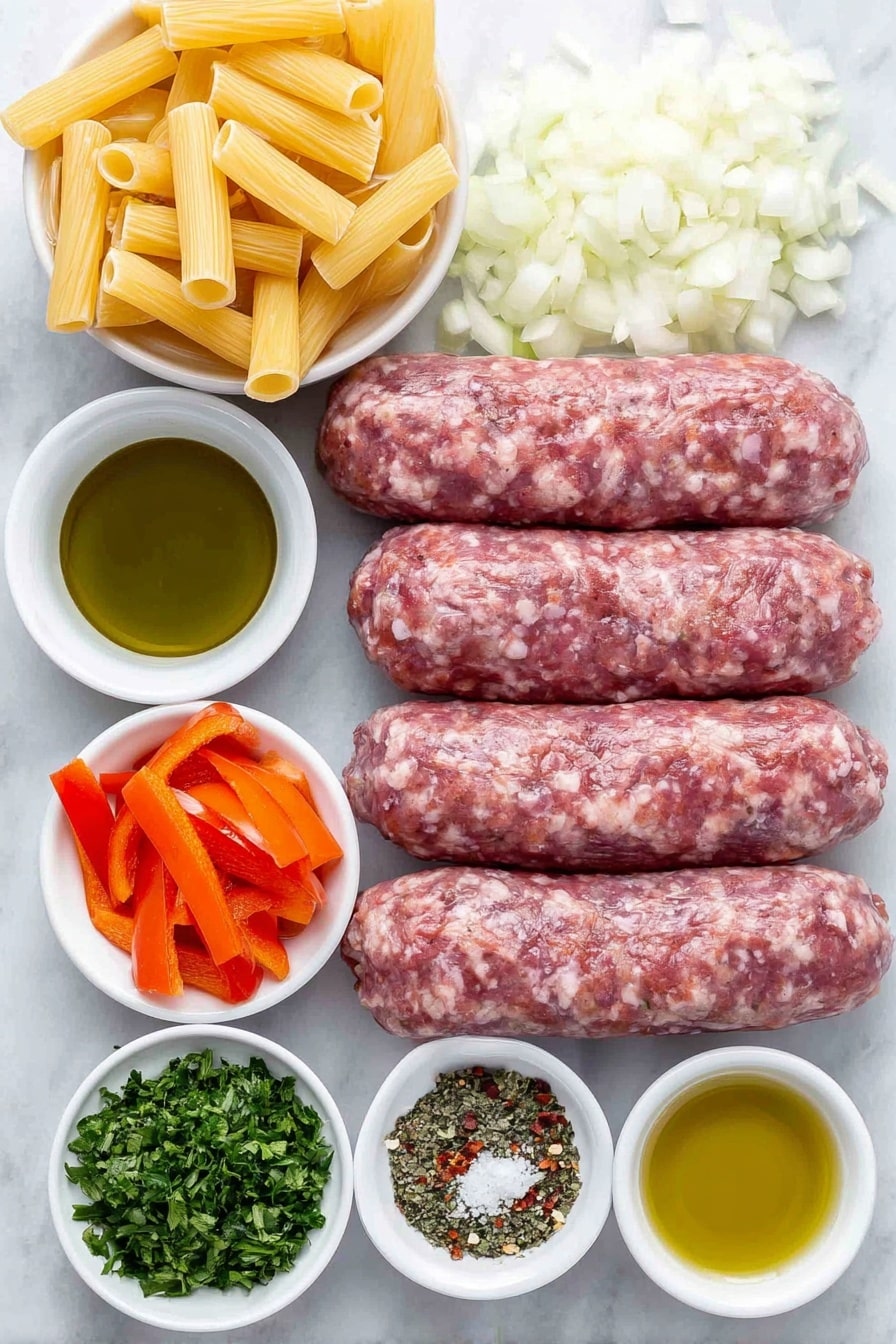 Flat lay of ziti pasta in a neat pile, a few sweet Italian sausages with their casings removed showing the coarse, fresh texture of the meat, three medium-sized bell peppers sliced into 2-inch-long pieces in varied vibrant colors, a handful of chopped onion pieces, four large cloves of garlic chopped finely, a small white bowl of olive oil, a small white bowl of crushed tomatoes, a small white bowl of balsamic vinegar, a small white bowl containing dried oregano, a small white bowl with red pepper flakes, a small white bowl holding kosher salt, and a small pile of fresh chopped parsley, all arranged symmetrically on a simple white ceramic backdrop, placed on a clean white marble surface, soft natural light, photo taken with an iPhone, professional food photography style, fresh ingredients, white ceramic bowls, no bottles, no duplicates, no utensils, no packaging --ar 2:3 --v 7 --p m7354615311229779997 - Italian Sausage and Peppers Pasta, Italian Sausage Pasta, easy sausage pasta recipe, quick weeknight dinner, flavorful pasta dishes