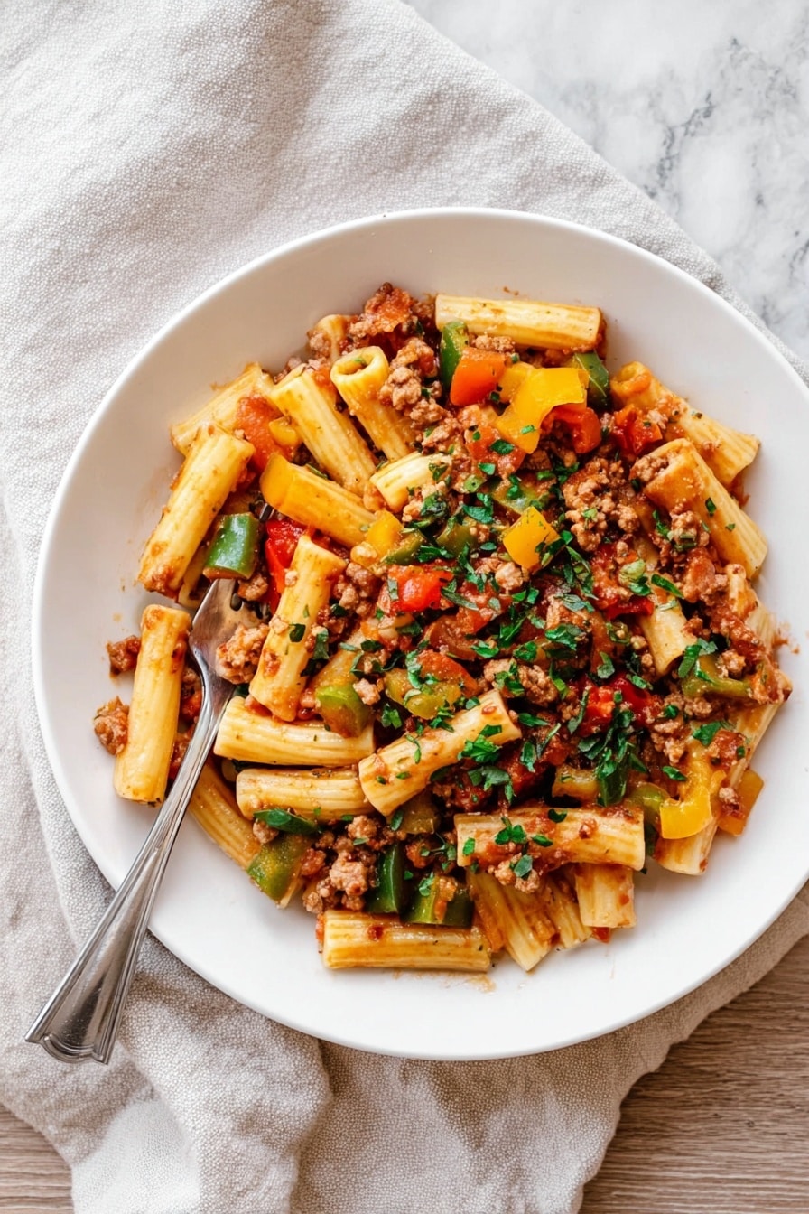 A white plate filled with pasta tubes mixed with chunks of red, green, and yellow bell peppers, and bits of cooked ground meat in a light tomato sauce. The pasta and vegetables are evenly mixed with sprinkled chopped green herbs over the top. A silver fork rests partially inside the pasta on the left side. The plate is set on a light beige cloth on a white marbled surface. photo taken with an iphone --ar 2:3 --v 7 - Italian Sausage and Peppers Pasta, Italian Sausage Pasta, easy sausage pasta recipe, quick weeknight dinner, flavorful pasta dishes