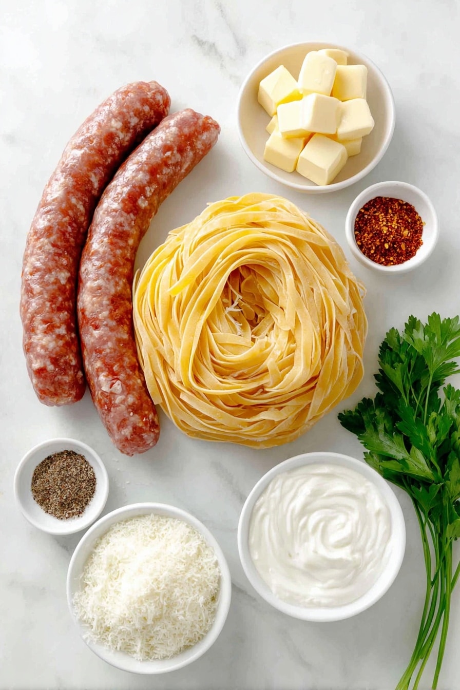 Flat lay of fresh uncooked fettuccine pasta nest, a whole ring of smoked sausage, a small white ceramic bowl of golden unsalted butter cubes, a small white ceramic bowl filled with thick heavy whipping cream, a small white ceramic bowl with minced garlic, a small white ceramic bowl containing reddish-brown Cajun seasoning powder, a small white ceramic bowl with coarse kosher salt, a small white ceramic bowl with ground black pepper, a small white ceramic bowl with crushed red pepper flakes, a small white ceramic bowl heaped with grated parmesan cheese, a few sprigs of fresh bright green parsley, all perfectly arranged with balanced proportions and symmetry, placed on a clean white marble surface, soft natural light, photo taken with an iPhone, professional food photography style, fresh ingredients, white ceramic bowls, no bottles, no duplicates, no utensils, no packaging --ar 2:3 --v 7 --p m7354615311229779997 - Smoked Sausage Cajun Alfredo, Cajun sausage pasta, spicy smoked sausage recipe, creamy Cajun Alfredo, quick Cajun pasta dinner