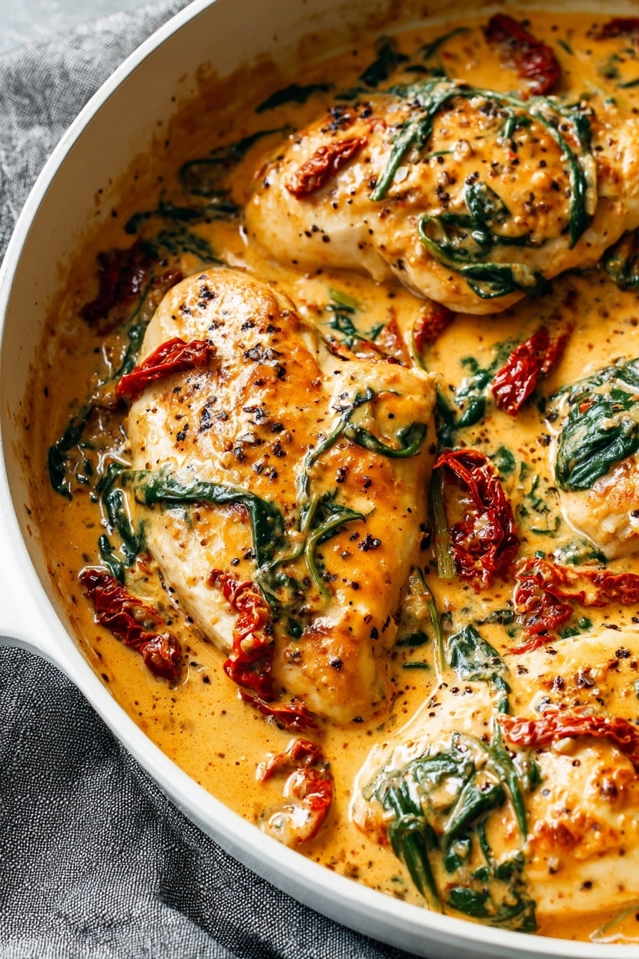 In a white pan, four thick chicken pieces sit, each covered in a creamy orange sauce speckled with black pepper. The sauce is smooth and rich with visible pieces of wilted dark green spinach and deep red sun-dried tomatoes scattered over and around the chicken. The chicken has a light sear with a slightly golden-brown color at the edges. The pan rests on a grey textured cloth, and the close-up view captures the creamy texture and vibrant colors clearly. photo taken with an iphone --ar 2:3 --v 7 - Creamy Tuscan Chicken with Sun-Dried Tomatoes, Tuscan Chicken recipe, easy creamy chicken dinner, Sun-Dried Tomato chicken, Gourmet chicken skillet