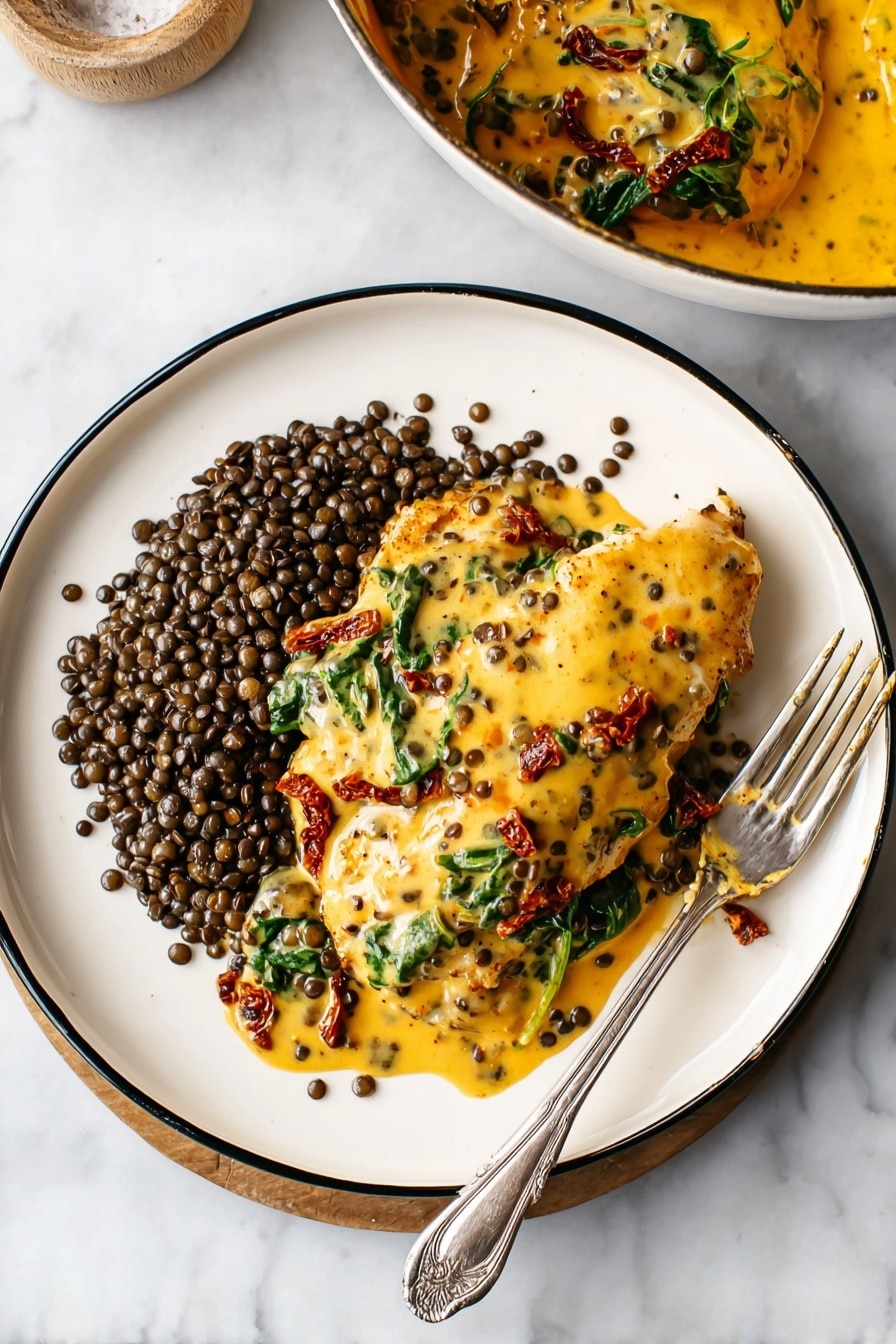 A white plate with a black rim holds a serving of dark brown lentils on the left side, appearing small and round with a glossy texture. On the right side of the plate, there is a piece of cooked chicken covered in a thick yellow-orange creamy sauce with visible sun-dried tomato strips and small wilted green leafy spinach bits mixed in. The sauce looks smooth and rich, coated fully over the chicken. Beside the plate, there is a silver fork with some sauce on its prongs resting on the right edge, and a silver knife is placed next to the fork, both set on a white marbled surface. The top left corner shows a portion of a white pot filled with more of the yellow-orange sauce with sun-dried tomato pieces and spinach, partly visible. photo taken with an iphone --ar 2:3 --v 7 - Creamy Tuscan Chicken with Sun-Dried Tomatoes, Tuscan Chicken recipe, easy creamy chicken dinner, Sun-Dried Tomato chicken, Gourmet chicken skillet