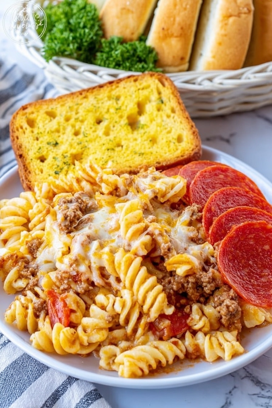 The image shows a close-up of a white plate with a pasta dish made of three main layers: at the bottom, there are spiral rotini pasta with a light yellow color and a soft texture; the middle layer has crumbled cooked ground meat mixed with some melted cheese, showing a beige and light brown tone; the top layer is mainly slices of bright red pepperoni scattered over the pasta and meat, partially covered by more melted cheese with a creamy white color. There is also a yellow, round garlic bread piece placed behind the pasta on the plate. The plate sits on a white marbled surface. photo taken with an iphone --ar 2:3 --v 7 - Cheesy Baked Pizza Pasta, easy pizza pasta bake, cheesy pasta recipes, pizza pasta dinner, comfort food recipes