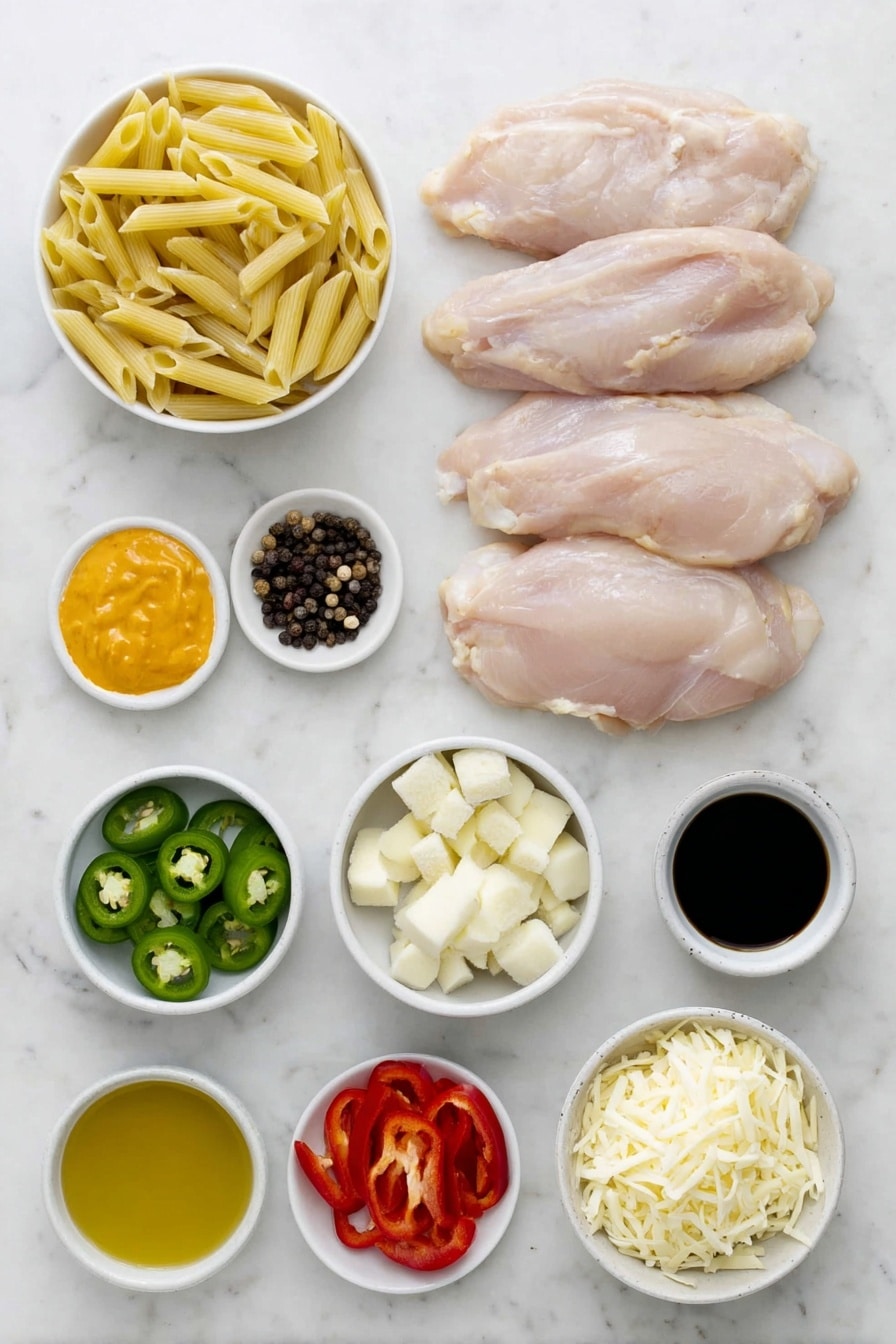 Flat lay of penne pasta arranged neatly next to three whole uncracked chicken breasts, a small white ceramic bowl of sunflower oil, a white bowl with a mound of Cajun spice mix, a small pile of whole black peppercorns, one crumbled chicken stock cube beside them, two peeled garlic cloves, one peeled and sliced onion, one red pepper sliced into strips, one yellow pepper sliced into strips, two sliced green jalapeno peppers, a small bunch of roughly chopped spring onions, a small white bowl filled with bright orange hot pepper sauce, a small white bowl with Worcestershire sauce, a small white bowl containing cider vinegar, a small white bowl holding double cream, a white bowl with grated parmesan cheese, and one additional sliced jalapeno arranged in perfect symmetry, all fresh and natural, placed on a clean white marble surface, soft natural light, photo taken with an iPhone, professional food photography style, fresh ingredients, white ceramic bowls, no bottles, no duplicates, no utensils, no packaging --ar 2:3 --v 7 --p m7354615311229779997 - Spicy Buffalo Chicken Pasta, Buffalo Chicken Pasta, Spicy Pasta Recipes, Easy Chicken Pasta, Hot Sauce Pasta