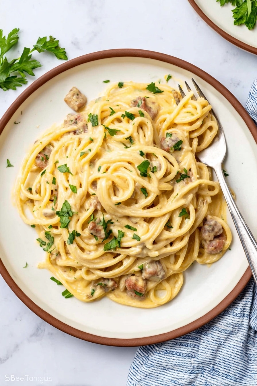 A white round plate with a brown rim holds creamy pasta with a thick light yellow sauce. The pasta strands are long and twisted, mixed with small chunks of light brown meat and garnished with fresh green parsley leaves scattered on top. A silver fork is placed on the right side of the plate, partially covered by pasta. The plate rests on a white marbled surface, with a blue and white striped cloth folded nearby. Photo taken with an iphone --ar 2:3 --v 7 - Cheesy Chicken Spaghetti Bake, chicken spaghetti casserole, cheesy pasta bake, easy chicken pasta dinner, comfort food recipes