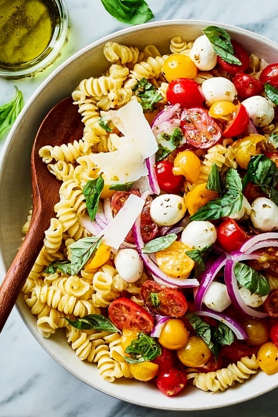 In a clear glass mixing bowl, there are five main layers: bright yellow curly pasta spirals on top, bright red halved cherry tomatoes to one side, fresh dark green basil leaves at the bottom, thinly sliced light purple red onions on the opposite side, and small white mozzarella balls scattered between the onions and tomatoes. Two wooden spoons are mixed gently by two woman's hands at the edge of the bowl. Around the bowl on a white marbled surface are a yellow lemon squeezer, a clear glass bottle with olive oil, and some fresh basil leaves. The overall colors are bright and fresh, and the textures range from smooth and soft to crisp and leafy. Photo taken with an iphone --ar 2:3 --v 7 - Caprese Pasta Salad with Fresh Tomatoes, easy summer pasta salad, cherry tomato pasta salad, mozzarella basil pasta, quick Italian pasta salad