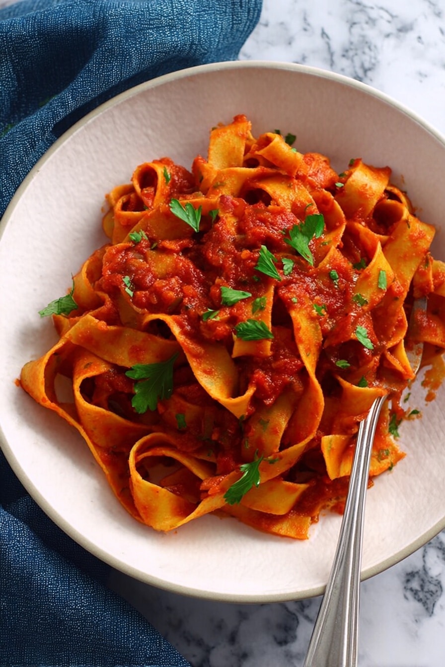 A white bowl holds wide, flat pasta ribbons twisted and layered, covered in a rich red tomato-based sauce with a chunky texture. Fresh green parsley leaves are scattered on top, adding a bright contrast. A silver fork rests at the edge of the bowl. The background is a white marbled surface with a dark blue cloth peeking in the corner. Photo taken with an iphone --ar 2:3 --v 7 - Slow Cooker Pappardelle Bolognese, easy slow cooker Bolognese, hearty pasta sauce, Italian slow cooker recipes, comforting weeknight dinners