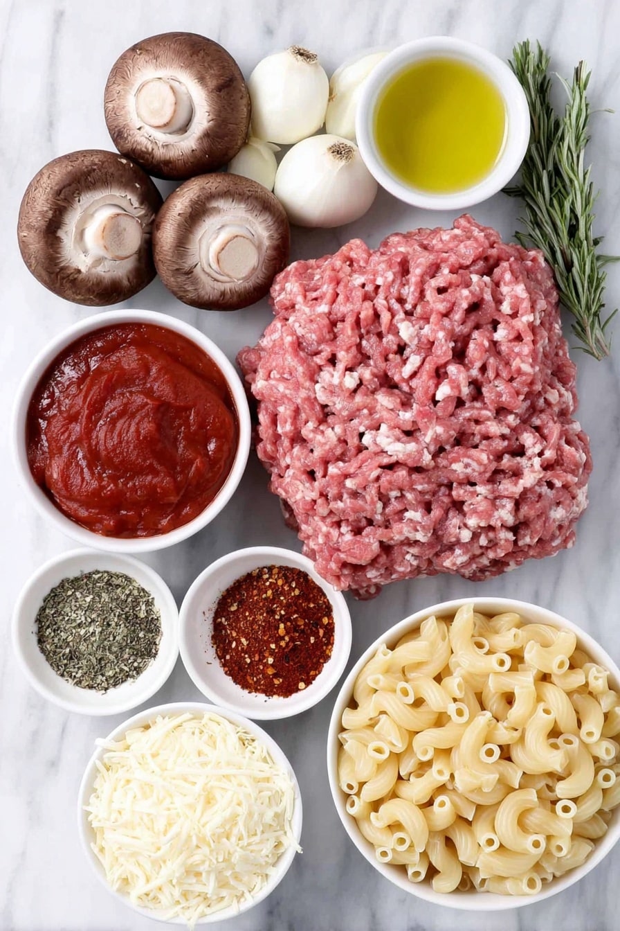 Flat lay of fresh whole brown mushrooms, a small white bowl of golden olive oil, a large chopped yellow onion, five peeled garlic cloves, a finely chopped red bell pepper, raw lean ground beef in a natural pink tone, a whole plum tomatoes cluster with one cut open to reveal juicy interior, a small white bowl filled with thick deep red tomato paste, dried oregano sprigs, scattered crushed red pepper flakes, freshly ground black peppercorns, uncooked elbow macaroni pasta, two generous handfuls of grated sharp cheddar cheese, and a smaller handful of grated pale Parmesan cheese, all arranged symmetrically on simple white ceramic bowls and plates placed on a clean white marble surface, soft natural light, photo taken with an iPhone, professional food photography style, fresh ingredients, white ceramic bowls, no bottles, no duplicates, no utensils, no packaging --ar 2:3 --v 7 --p m7354615311229779997 - Beef Mushroom Johnny Marzetti Casserole, hearty casserole with beef and mushrooms, easy comfort food recipe, cheesy beef mushroom bake, classic American casserole