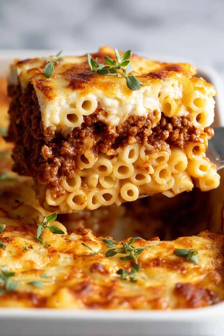 A close-up view of a slice of baked pasta being lifted, showing three layers: the bottom layer has light yellow macaroni noodles, the middle layer is rich brown cooked ground meat sauce, and the top layer has a golden browned melted cheese crust with small green herb leaves on top. The dish is in a white baking pan on a white marbled surface. Photo taken with an iphone --ar 2:3 --v 7 - Greek Pastitso Pasta Bake, Greek pasta casserole, Greek baked pasta, Mediterranean pasta dish, hearty Greek comfort food