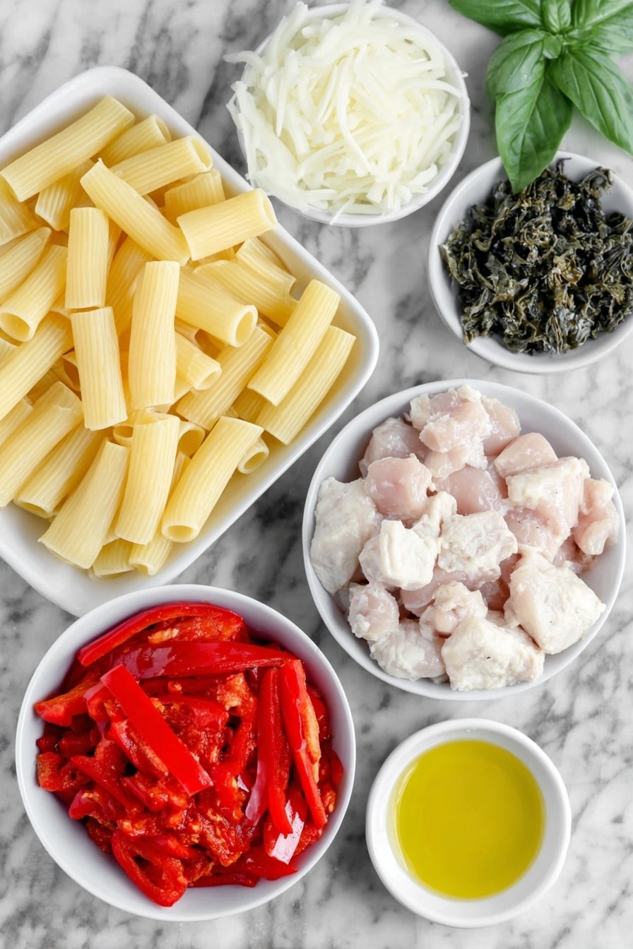 Flat lay of a small pile of uncooked rigatoni pasta with ridges, a few raw boneless skinless chicken thighs diced into cubes, a whole red bell pepper sliced into strips, a diced white onion, three peeled garlic cloves chopped finely, a small white ceramic bowl with bright red pickled cherry peppers, another small white bowl filled with a creamy off-white liquid representing heavy cream, a small white bowl containing fire-roasted crushed tomatoes with visible charred bits, a small white bowl holding golden olive oil, a few fresh bright green basil leaves scattered, and a small mound of finely grated pale yellow parmesan cheese, all placed on a clean white marble surface, soft natural light, photo taken with an iPhone, professional food photography style, fresh ingredients, white ceramic bowls, no bottles, no duplicates, no utensils, no packaging --ar 2:3 --v 7 --p m7354615311229779997 - Spicy Chicken Riggies with Tomato Cream Sauce, Chicken Riggies recipe, spicy chicken pasta, creamy tomato chicken dish, upstate New York chicken riggies
