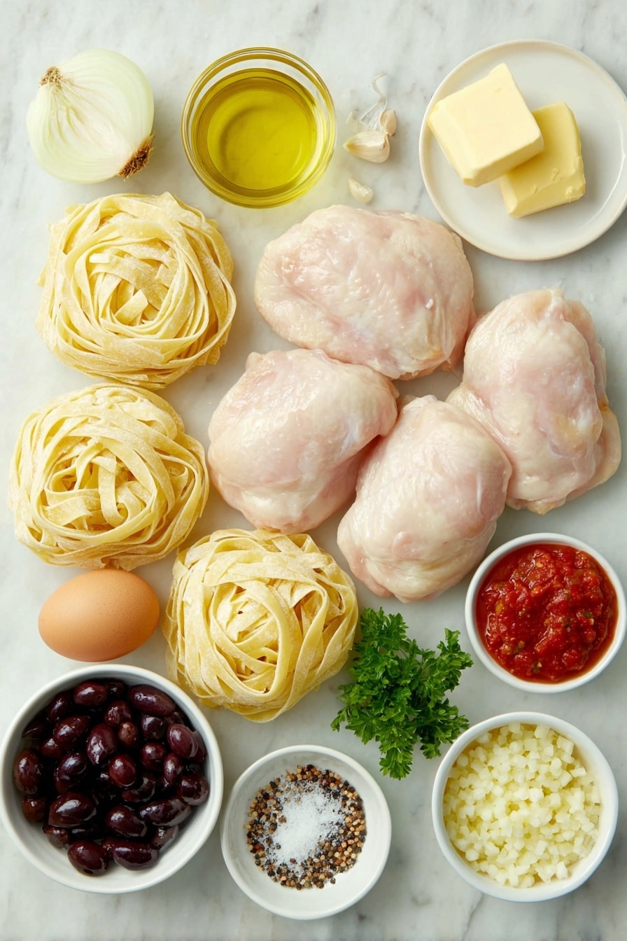 Flat lay of fresh pappardelle pasta nests, several plump boneless skinless chicken thighs with smooth skin, a small white bowl of golden olive oil, cubed pale yellow butter on a white ceramic plate, a sliced large white onion, a sliced large red bell pepper, peeled garlic cloves beside minced garlic in a small white bowl, a small white bowl filled with deep red tomato paste, a white ceramic bowl with hand-crushed vibrant red plum tomatoes, a small white bowl of clear dry white wine, a small white bowl of light golden chicken stock, a small white bowl containing shiny black oil-cured olives chopped, a small white bowl with glossy green capers, a bunch of fresh flat-leaf Italian parsley with bright green leaves, two whole uncracked brown eggs, a small white bowl filled with coarse sea salt crystals, and a small white bowl of freshly ground black peppercorns placed on a clean white marble surface, soft natural light, photo taken with an iPhone, professional food photography style, fresh ingredients, white ceramic bowls, no bottles, no duplicates, no utensils, no packaging --ar 2:3 --v 7 --p m7354615311229779997 - Chicken Cacciatore Pasta, Italian chicken pasta, hearty chicken pasta recipes, braised chicken with pasta, comforting Italian dinner