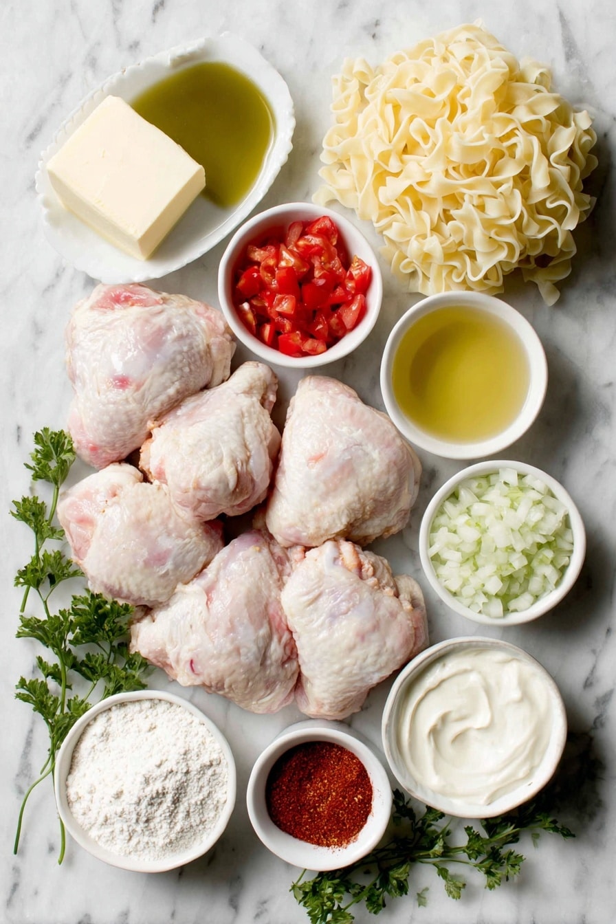 Flat lay of unsalted butter resting as a small soft block, a small white ceramic bowl filled with golden extra virgin olive oil, raw bone-in chicken pieces with skin on arranged symmetrically (two breasts, two thighs, two legs, two wings), a small white ceramic bowl with finely diced sweet onions, another small white ceramic bowl holding bright red diced bell peppers, chopped ripe Roma tomatoes in a small white ceramic bowl, two whole uncracked garlic cloves, a small white ceramic bowl containing deep red Hungarian sweet paprika powder, a small white ceramic bowl filled with rich golden chicken broth, a small white ceramic bowl with fine white all-purpose flour, a small white ceramic bowl with smooth, thick full-fat sour cream, a small white ceramic bowl of pale heavy cream, a few sprigs of fresh bright green Italian parsley, and a nest of fresh pale yellow egg noodles, all arranged with perfect symmetry and realistic proportions, placed on a clean white marble surface, soft natural light, photo taken with an iPhone, professional food photography style, fresh ingredients, white ceramic bowls, no bottles, no duplicates, no utensils, no packaging --ar 2:3 --v 7 --p m7354615311229779997 - Authentic Chicken Paprikash, Hungarian Chicken Paprikash, creamy paprika chicken dish, traditional Hungarian chicken recipe, easy Chicken Paprikash