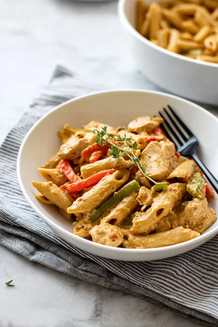 A white bowl filled with creamy penne pasta mixed with pieces of cooked chicken and strips of red and green bell peppers. The pasta is coated in a light brown creamy sauce with a sprig of fresh thyme on top. A black fork lies on the right side of the bowl. The bowl sits on a folded striped cloth on a white marbled surface. In the background, part of another white bowl with more pasta is visible, slightly out of focus. Photo taken with an iphone --ar 2:3 --v 7 - Creamy Jerk Chicken Rasta Pasta, Jamaican pasta with jerk chicken, spicy Caribbean pasta, creamy jerk chicken recipe, colorful pasta dishes