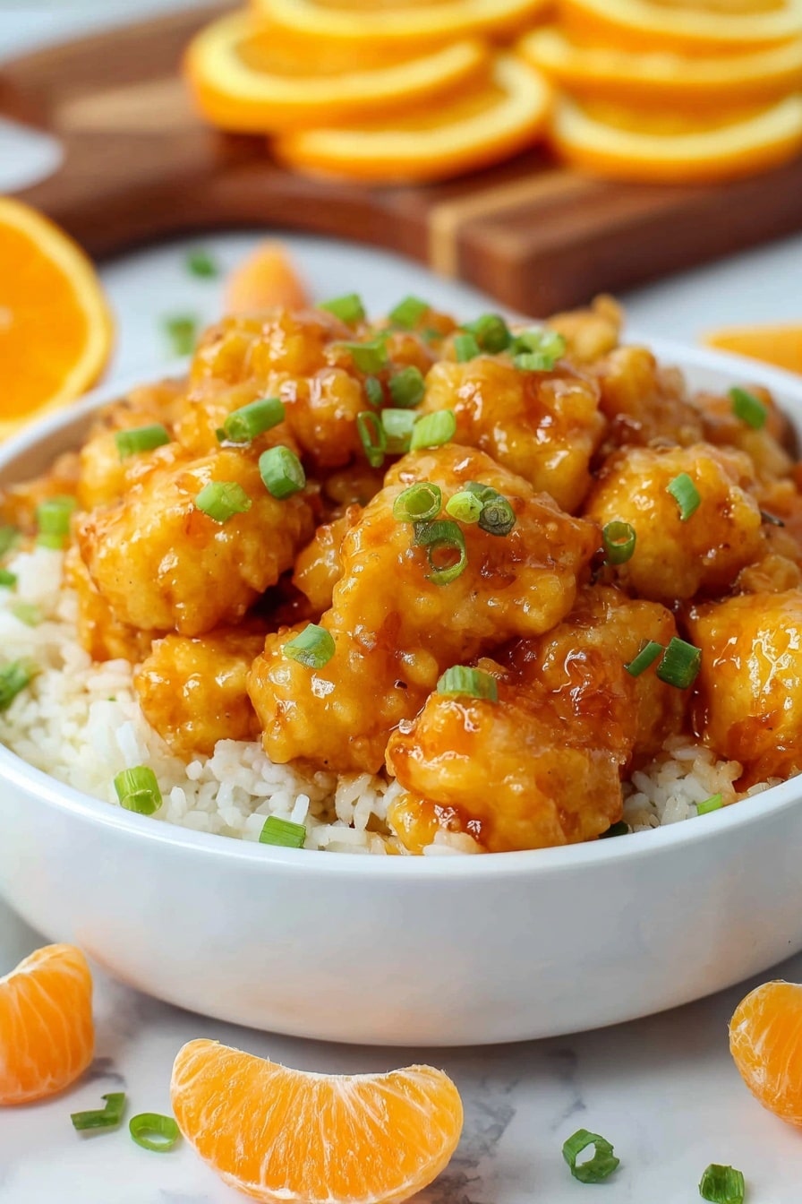 A white bowl is filled with three main layers: the bottom layer is soft white rice, the middle layer holds golden-orange battered chicken pieces covered in a shiny orange sauce, and the top layer is small bright green chopped scallions scattered on the chicken. In the background, slices of bright orange oranges are arranged on a wooden board and some are in front of the bowl, all placed on a white marbled surface. The image is close-up with a sharp focus on the chicken and a blurred background. photo taken with an iphone --ar 2:3 --v 7 - Chinese Orange Chicken, homemade orange chicken, crispy orange chicken, orange chicken sauce, easy Chinese chicken