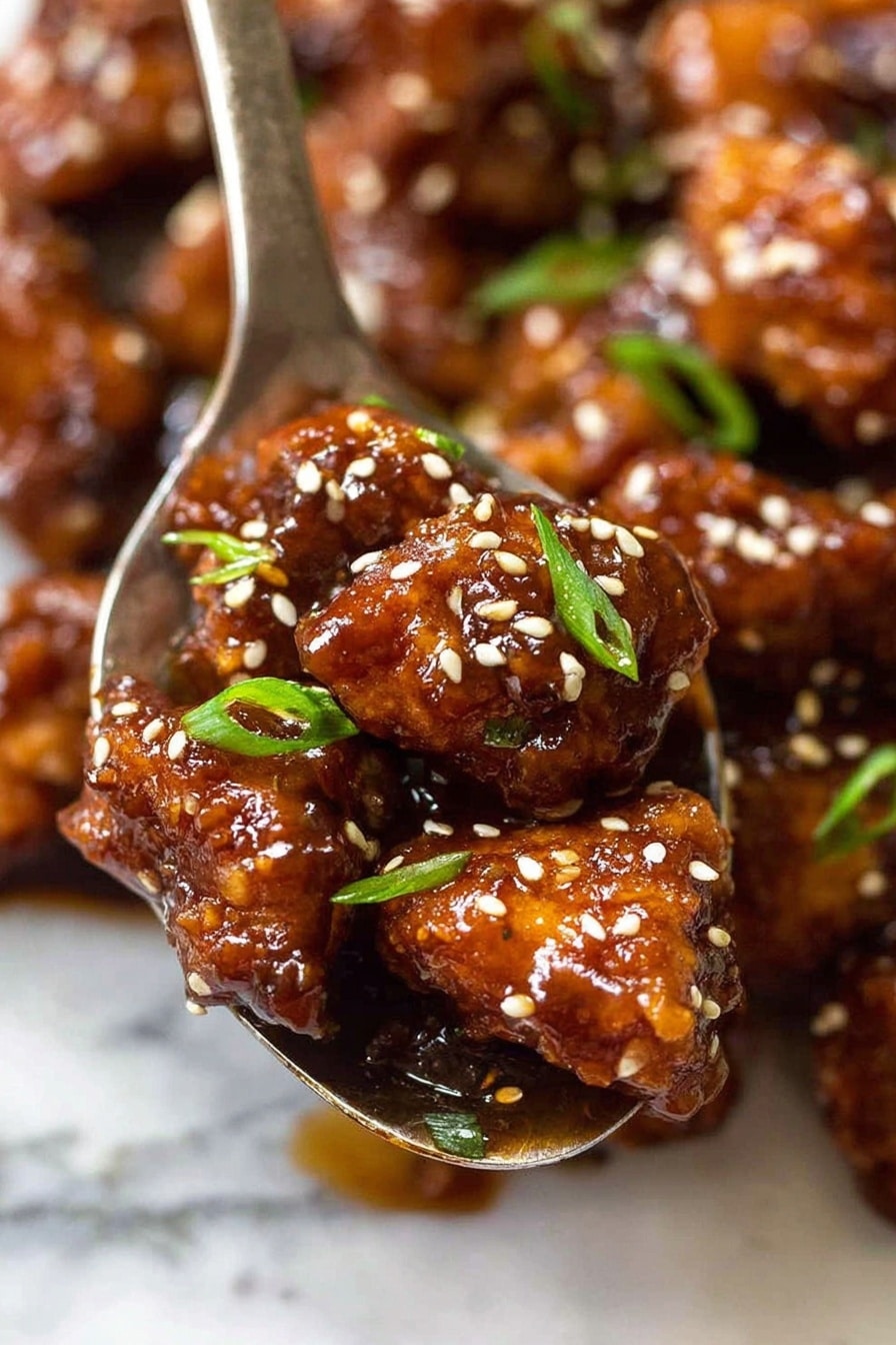 The image shows a close-up view of small pieces of fried chicken coated in a thick, shiny, dark brown sauce. The chicken pieces are irregular in shape with a crispy texture underneath the sauce. White sesame seeds are scattered on top, adding contrast and texture. Thin green slices of scallions or green onions are sprinkled over the chicken, providing a splash of fresh color. The chicken rests in a metal spoon, with more saucy chicken pieces visible in the background, all set on a white marbled surface. photo taken with an iphone --ar 2:3 --v 7 - Easy Crispy General Tso's Chicken, crispy General Tso's chicken recipe, homemade General Tso's chicken, easy Asian chicken dish, quick Chinese chicken recipe