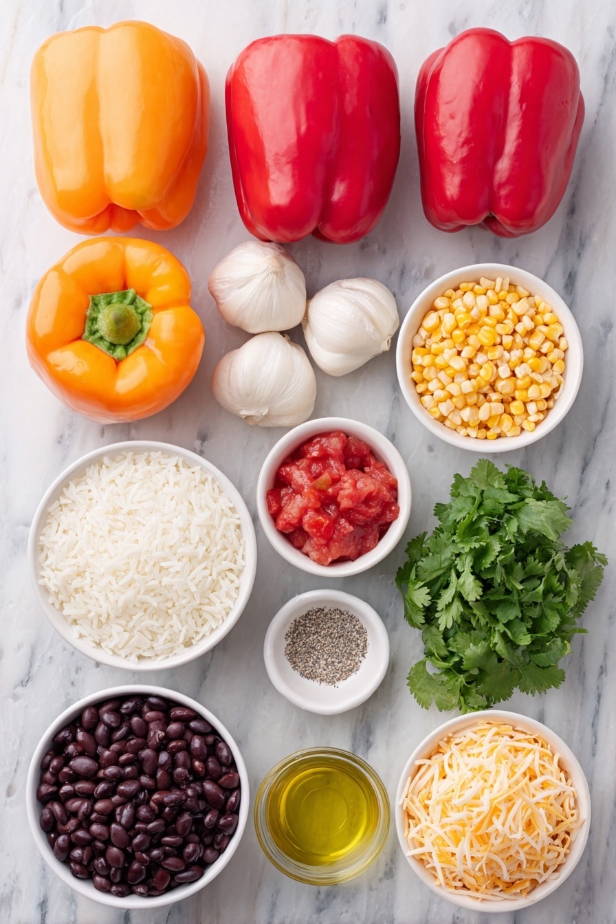 Flat lay of eight medium bell peppers in red, yellow, and orange, a few whole brown onions, three uncracked white garlic bulbs, a small white ceramic bowl of bright yellow corn kernels, a small white ceramic bowl filled with cooked white rice, a small white ceramic bowl containing black beans, a small white ceramic bowl with diced red tomatoes (juices drained), a small white ceramic bowl of shredded orange cheddar cheese, a bunch of fresh green cilantro sprigs, a small white ceramic bowl with golden olive oil, a small white ceramic bowl of coarse kosher salt, and a small white ceramic bowl of ground black pepper, arranged symmetrically and balanced, placed on a clean white marble surface, soft natural light, photo taken with an iPhone, professional food photography style, fresh ingredients, white ceramic bowls, no bottles, no duplicates, no utensils, no packaging --ar 2:3 --v 7 --p m7354615311229779997 - Mexican Stuffed Peppers with Ground Beef, Stuffed Pepper Recipes, Mexican Stuffed Peppers, Ground Beef Stuffed Peppers, Easy Mexican Dinner
