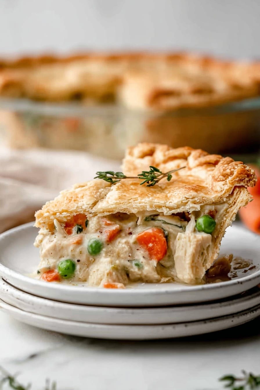A slice of golden brown pie with a flaky crust sits stacked on two white plates with a creamy filling inside. The filling has soft pale chunks of white meat, bright orange carrot pieces, and green peas mixed in a thick light beige sauce. The crust edges are crimped and the top has a sprig of fresh green herb for decoration. In the blurry background, the rest of the pie is visible in a clear pie dish. The whole scene is set on a white marbled surface with a soft focus, showing warmth and homeliness. Photo taken with an iphone --ar 2:3 --v 7 - Homemade Chicken Pot Pie with Flaky Crust, chicken pot pie recipe, easy chicken pot pie, homemade chicken pie, comforting chicken dinner