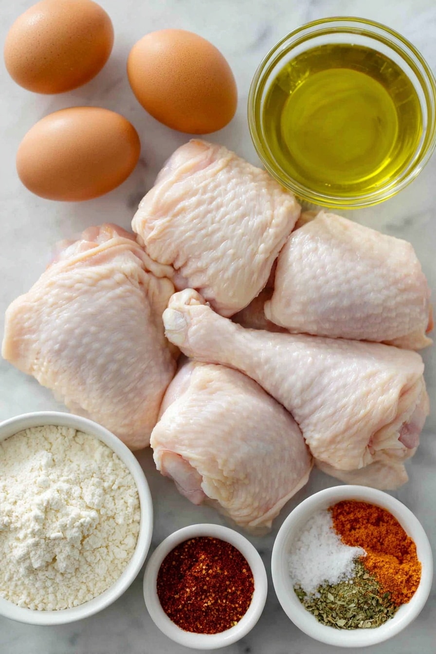 Flat lay of fresh raw bone-in chicken pieces with smooth skin, three whole uncracked brown eggs, a small white bowl of beaten eggs mixed with a dash of vibrant red hot sauce, a small white bowl of reddish Creole seasoning powder, a small white bowl of deep red smoked paprika powder, a small white bowl of off-white garlic powder, a small white bowl of bright orange cayenne pepper powder, a small white bowl of fine white all-purpose flour, a small white bowl of coarse salt and black pepper mixed together, a small white bowl with clear golden cooking oil, all arranged with perfect symmetry and balanced proportions on a clean white marble surface, soft natural light, photo taken with an iPhone, professional food photography style, fresh ingredients, white ceramic bowls, no bottles, no duplicates, no utensils, no packaging --ar 2:3 --v 7 --p m7354615311229779997 - Crispy Southern Fried Chicken, Southern fried chicken, crispy fried chicken recipe, juicy fried chicken, Southern comfort food