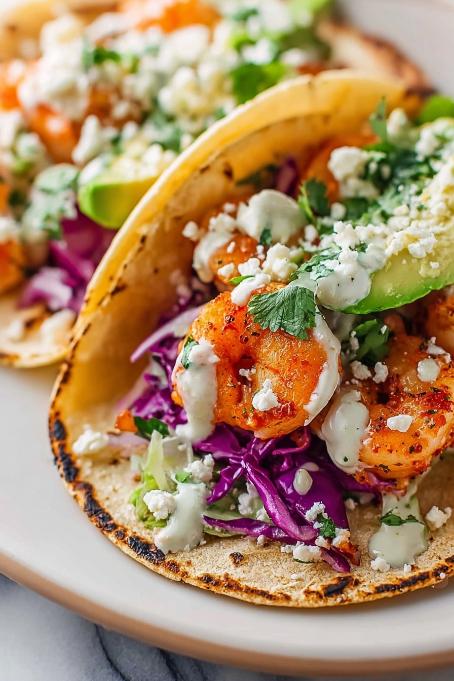 A close-up of two tacos on a white plate with a white marbled surface. Each taco has a soft, slightly charred corn tortilla as the base. Inside the tortillas, there are pieces of cooked orange shrimp layered with slices of fresh green avocado, purple shredded cabbage, and green cilantro leaves. White crumbly cheese is sprinkled over the ingredients. The tacos are finished with a drizzle of white creamy sauce on top. Photo taken with an iphone --ar 2:3 --v 7 - Shrimp Tacos with Creamy Lime Sauce, shrimp taco recipe, easy shrimp tacos, fish taco ideas, quick weeknight dinner