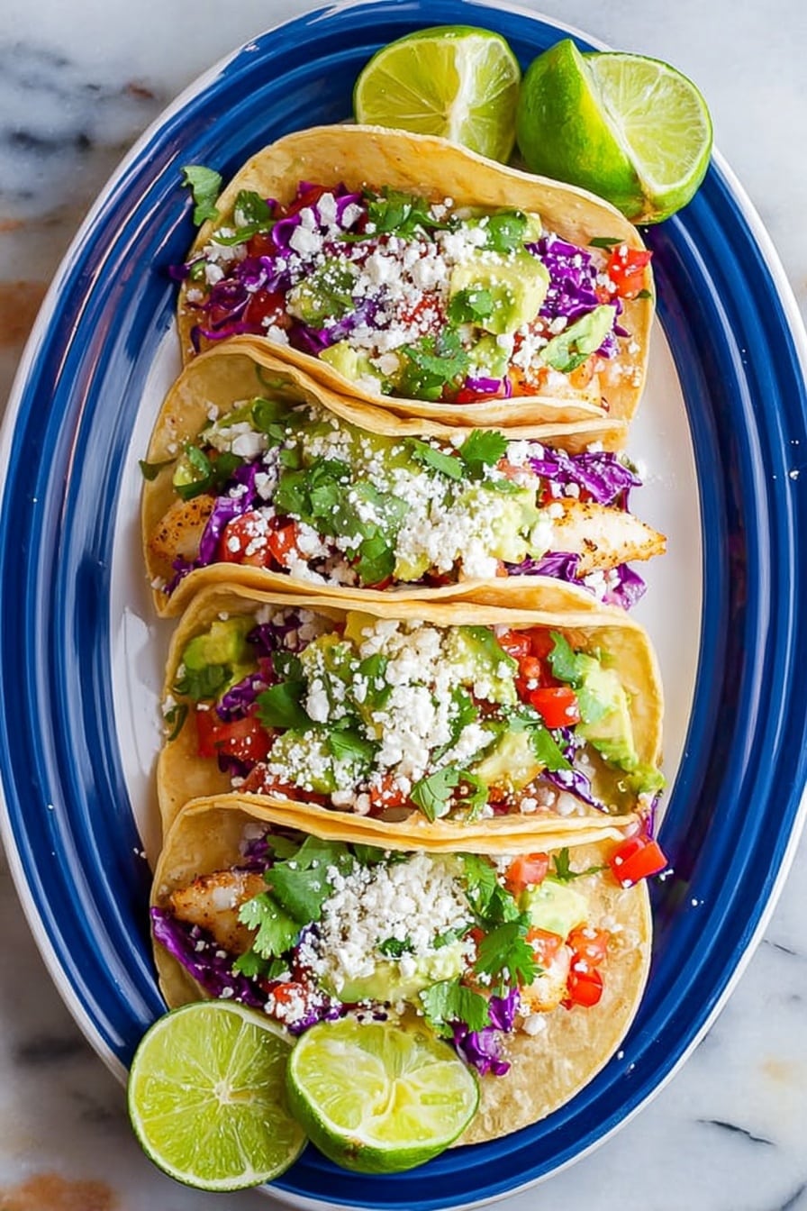 Three soft corn tacos are placed side by side on a white marbled surface, each taco shell lightly toasted with subtle brown spots. Inside each taco, there is a base layer of flaky white fish, topped with vibrant purple shredded cabbage, small red tomato pieces, and diced green avocado. A drizzle of creamy white sauce runs across the filling, with fresh green cilantro leaves scattered on top and around the tacos. Small wedges of lime sit near the tacos on the white marbled surface. The image has a bright and fresh look. photo taken with an iphone --ar 2:3 --v 7 - Best Fish Tacos with Lime Crema, fish tacos with lime crema, fish taco recipe, easy fish tacos, flavorful fish tacos
