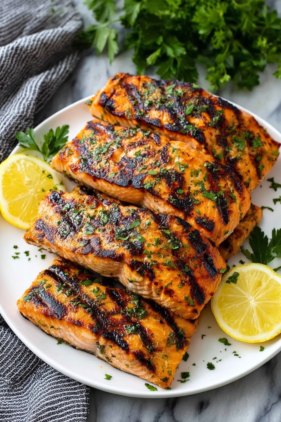A white plate holds five grilled salmon fillets stacked in two layers, each piece showing charred grill marks and sprinkled with finely chopped green herbs. The salmon's orange-pink flesh contrasts with the dark grill lines, and two bright yellow lemon wedges rest on top and beside the fillets, adding a fresh touch. A small parsley sprig decorates the plate, while a grey striped cloth and green parsley leaves sit in the background on a white marbled surface. photo taken with an iphone --ar 2:3 --v 7 - Grilled Salmon with Delicious Marinade, tasty grilled salmon marinade, easy salmon marinade recipe, flavorful seafood dinner, healthy grilled salmon