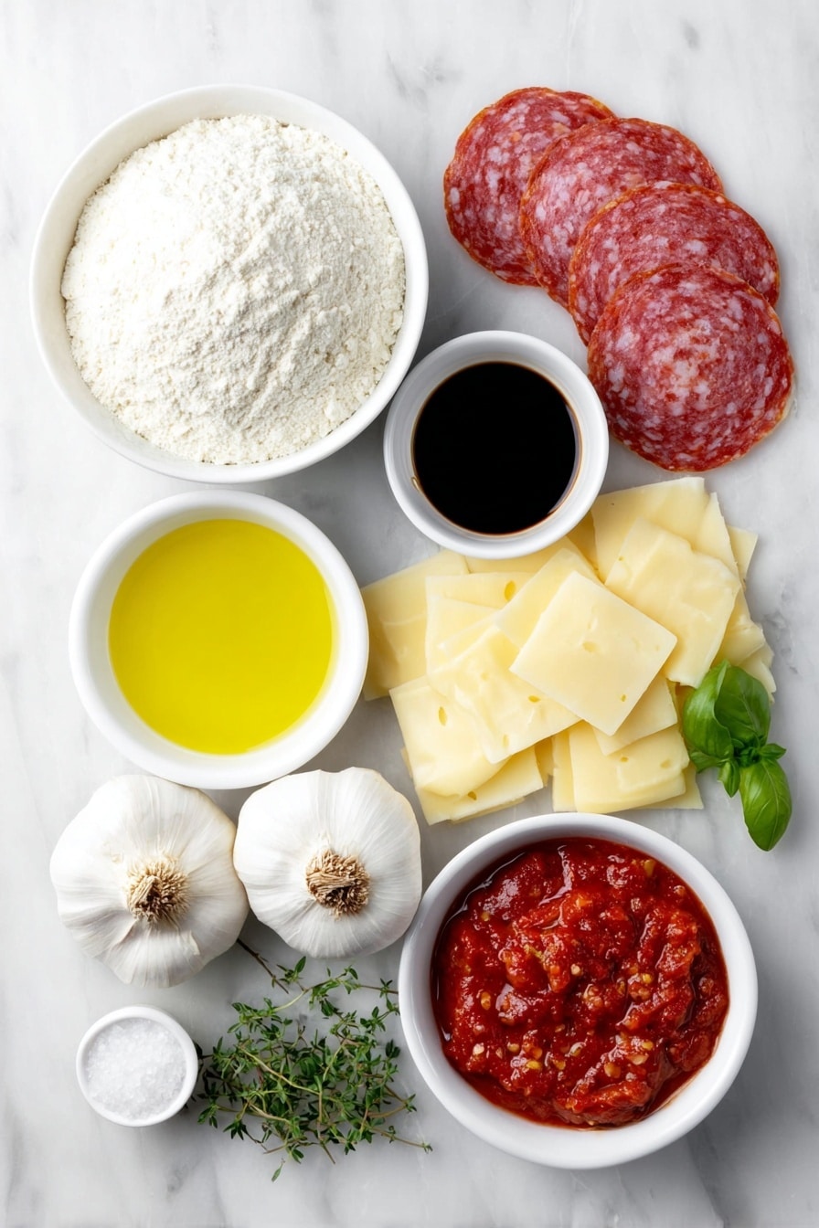 Flat lay of a small mound of bread flour, a few granulated sugar crystals scattered beside it, two packets of dry yeast replaced by a small pile of yeast granules, a teaspoon of salt crystals, a simple white ceramic bowl with warm water, a small white bowl with extra virgin olive oil, two whole unpeeled garlic bulbs, a pinch of crushed red pepper flakes in a small white bowl, a small white bowl filled with crushed tomatoes with basil, a small white bowl with balsamic vinegar, a few slices of pepperoni arranged neatly, thin slices of provolone cheese fanned out, cubes of fontina cheese, and a few fresh sprigs of oregano—all arranged symmetrically and balanced—placed on a clean white marble surface, soft natural light, photo taken with an iPhone, professional food photography style, fresh ingredients, white ceramic bowls, no bottles, no duplicates, no utensils, no packaging --ar 2:3 --v 7 --p m7354615311229779997 - Homemade Pepperoni Pizza, how to make pepperoni pizza from scratch, easy homemade pizza recipe, pizza with homemade crust and sauce, best homemade pepperoni pizza