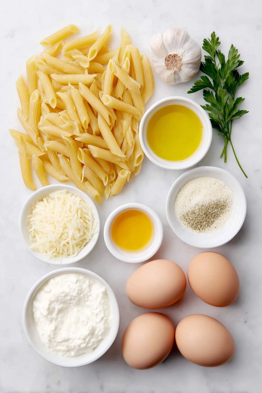 Flat lay of dried penne pasta scattered beside a small mound of peeled and diced yellow onion, four whole garlic cloves, a small white bowl filled with golden olive oil, another small white bowl containing smooth orange pumpkin purée, a small white bowl of thick heavy cream, a neat heap of dried ground sage powder, a simple pile of shredded pale yellow Parmesan cheese, a few fresh bright green parsley sprigs, a small white bowl holding raw green pepitas, and two uncracked brown eggs arranged symmetrically, all placed on a clean white marble surface, soft natural light, photo taken with an iPhone, professional food photography style, fresh ingredients, white ceramic bowls, no bottles, no duplicates, no utensils, no packaging --ar 2:3 --v 7 --p m7354615311229779997 - Creamy Pumpkin Pasta with Sage, pumpkin pasta recipe, easy pumpkin pasta, fall pasta dish, comforting pumpkin pasta