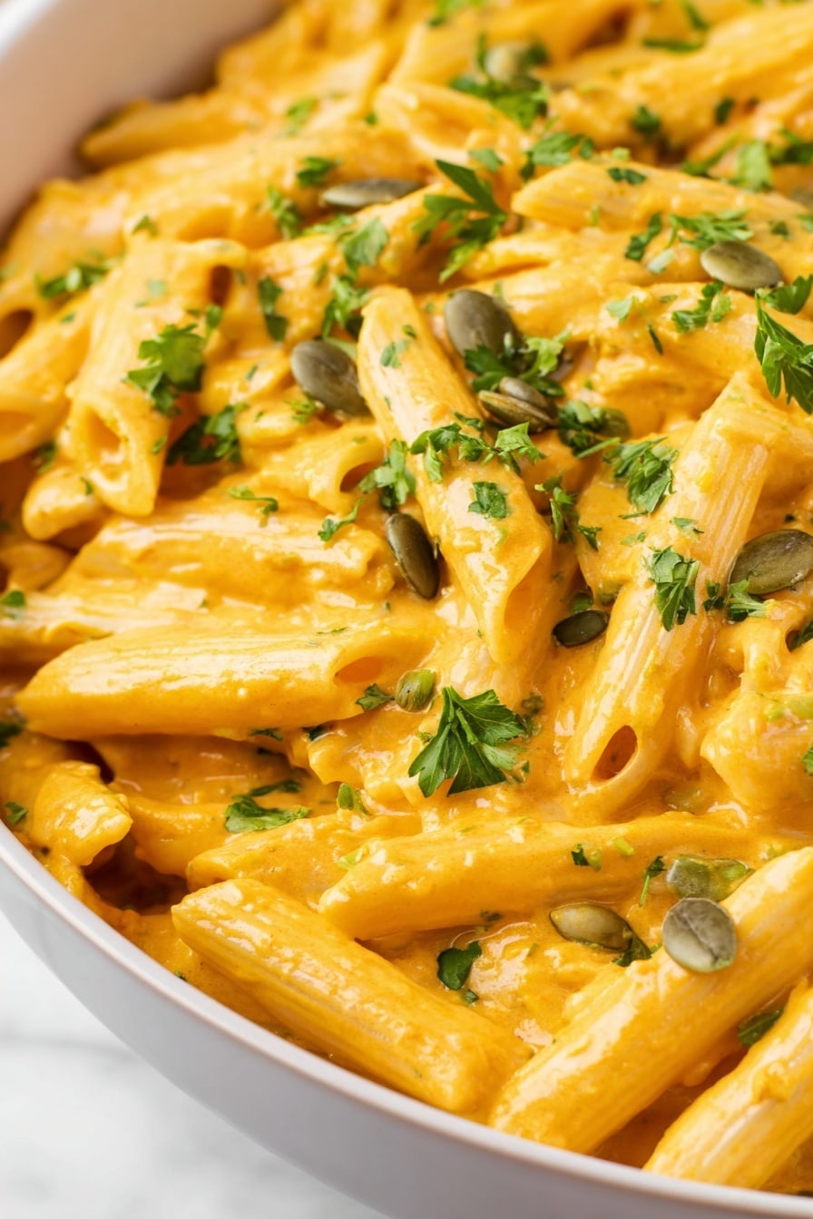 This dish shows a close-up of penne pasta covered in a creamy orange sauce, with the pasta arranged in a single thick layer filling a white bowl. On top, there are small green pumpkin seeds scattered unevenly and chopped fresh parsley pieces spread across, adding a touch of bright green contrast to the dish. The pasta has a smooth, slightly glossy texture, and the sauce lightly clings to each piece. The white marbled surface is just barely visible at the edge of the bowl. photo taken with an iphone --ar 2:3 --v 7 - Creamy Pumpkin Pasta with Sage, pumpkin pasta recipe, easy pumpkin pasta, fall pasta dish, comforting pumpkin pasta