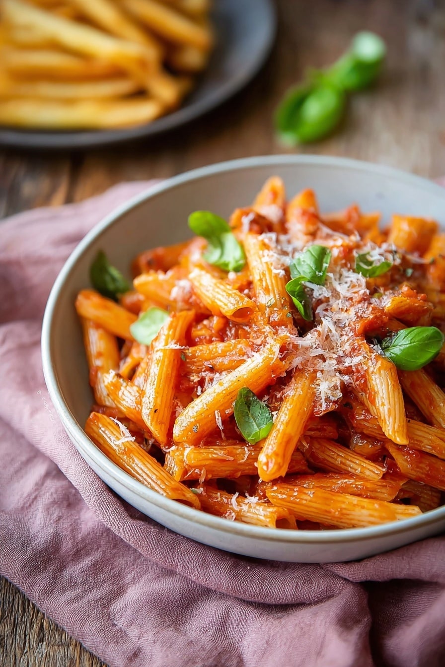 A bowl of penne pasta with three visible layers: a base of bright orange-red tomato sauce coating the penne pieces, scattered fresh green basil leaves on top adding a fresh look, and a light dusting of shredded white cheese sprinkled evenly over the dish. The pasta is served in a round light gray bowl placed on a soft mauve cloth, sitting on a rustic wooden table with a slightly blurred plate with fries in the background. Photo taken with an iphone --ar 2:3 --v 7 - Penne Pomodoro with Fresh Basil, Quick Penne Pasta Tomato, Easy Italian Penne Dinner, 10-Minute Penne Pomodoro, Fresh Basil Pasta Recipe