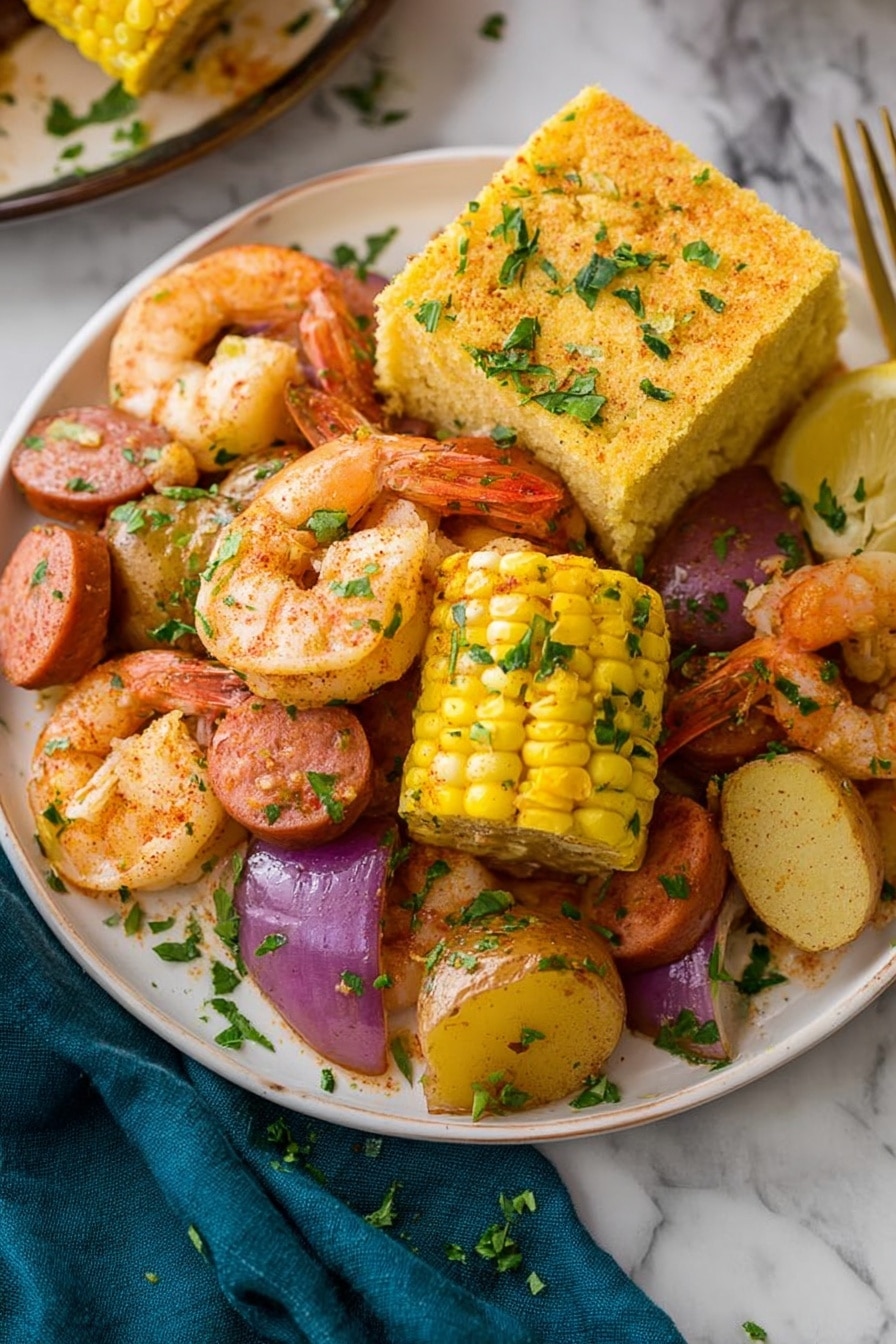 The dish is served on a white plate filled with several layers of food. The bottom layer has lemon wedges and chopped green herbs scattered all over. On top of that, there are bright yellow corn pieces cut into chunks with a rough texture, and light brown potato halves with a smooth surface. Orange shrimp with a slightly rough texture are placed on and around the corn and potatoes. There are also round slices of reddish sausage with a firm texture and some purple onion pieces adding color contrast. On one side of the plate, a thick square of golden-yellow cornbread with a coarse crumb sits. All the ingredients have a light sprinkling of green herbs and spices. The plate is placed on a white marbled surface with a dark teal cloth visible at the bottom left corner. Photo taken with an iphone --ar 2:3 --v 7 - Shrimp Boil Old Bay Seasoning, Shrimp Boil Recipe, seafood boil recipe, Old Bay seafood boil, Southern shrimp boil