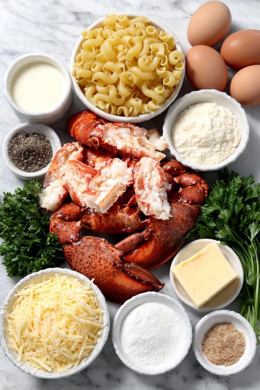 Flat lay of cooked chopped lobster meat with bright red shells visible, a small pile of uncooked cavatappi pasta, a few sprigs of fresh green parsley, a chunk of salted butter, a small white bowl of all-purpose flour, a small white bowl with onion powder, another small white bowl with dry mustard powder, a small white bowl containing coarse sea salt, a small white bowl with Old Bay Seasoning, a small white bowl with ground black pepper, a small white bowl filled with whole milk, a small white bowl filled with half and half cream, a small white bowl heaped with shredded sharp cheddar cheese, a small white bowl heaped with shredded Gruyere cheese, a small white bowl heaped with shredded Parmesan cheese, a small white bowl of seasoned bread crumbs, two whole brown eggs with clean shells arranged apart on white ceramic dishes, placed on a clean white marble surface, soft natural light, photo taken with an iPhone, professional food photography style, fresh ingredients, white ceramic bowls, no bottles, no duplicates, no utensils, no packaging --ar 2:3 --v 7 --p m7354615311229779997 - Creamy Lobster Mac and Cheese, Lobster Mac and Cheese, Gourmet Mac and Cheese with Lobster, Luxurious Lobster Pasta, Easy Lobster Mac and Cheese