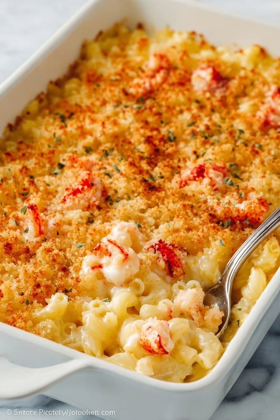 This image shows a close-up of a creamy baked macaroni and cheese dish in a white rectangular ceramic baking dish. The macaroni noodles form the base layer, covered by a melted cheese sauce that is creamy yellow-white in color. On top, there is a golden-brown crust made of toasted breadcrumbs, sprinkled with bits of red lobster meat scattered evenly over the surface. A silver serving spoon is scooping some of the macaroni and cheese from the left side of the dish, revealing the soft pasta and cheese underneath. The background is a white marbled surface. photo taken with an iphone --ar 2:3 --v 7 - Creamy Lobster Mac and Cheese, Lobster Mac and Cheese, Gourmet Mac and Cheese with Lobster, Luxurious Lobster Pasta, Easy Lobster Mac and Cheese