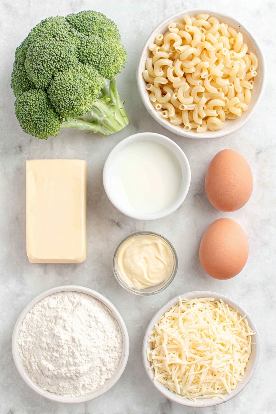 Flat lay of elbow macaroni scattered neatly, three vibrant green broccoli florets, a stick of salted butter with a few small slices cut, a small mound of all-purpose flour on a simple white ceramic plate, a small white bowl filled with creamy 2% milk, a tiny white bowl holding smooth, pale yellow Dijon mustard, two whole uncracked brown eggs, coarse salt crystals and freshly ground black pepper sprinkled artistically on the surface, a small white bowl of shredded sharp cheddar cheese, and another small white bowl with shredded gruyere cheese, all arranged with perfect symmetry and balanced proportions, placed on a clean white marble surface, soft natural light, photo taken with an iPhone, professional food photography style, fresh ingredients, white ceramic bowls, no bottles, no duplicates, no utensils, no packaging --ar 2:3 --v 7 --p m7354615311229779997 - Broccoli Mac and Cheese, Healthy Broccoli Mac and Cheese, Easy Mac and Cheese with Broccoli, Cheesy Broccoli Pasta, Quick Broccoli Pasta