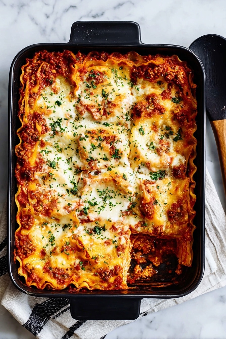 A black baking dish filled with a baked tortellini casserole showing about three layers: a bottom layer of red tomato sauce with herbs, a middle layer of creamy white melted cheese mixed with tortellini pasta, and a top layer of bubbly melted mozzarella cheese sprinkled with green chopped herbs and black pepper. The tortellini pieces are golden with visible sauce and cheese patches. A wooden spoon rests on one corner of the dish, which is set on a white marbled surface. photo taken with an iphone --ar 2:3 --v 7 - Cheesy Baked Tortellini Casserole, cheesy tortellini casserole, baked tortellini recipe, easy tortellini bake, comforting pasta casserole